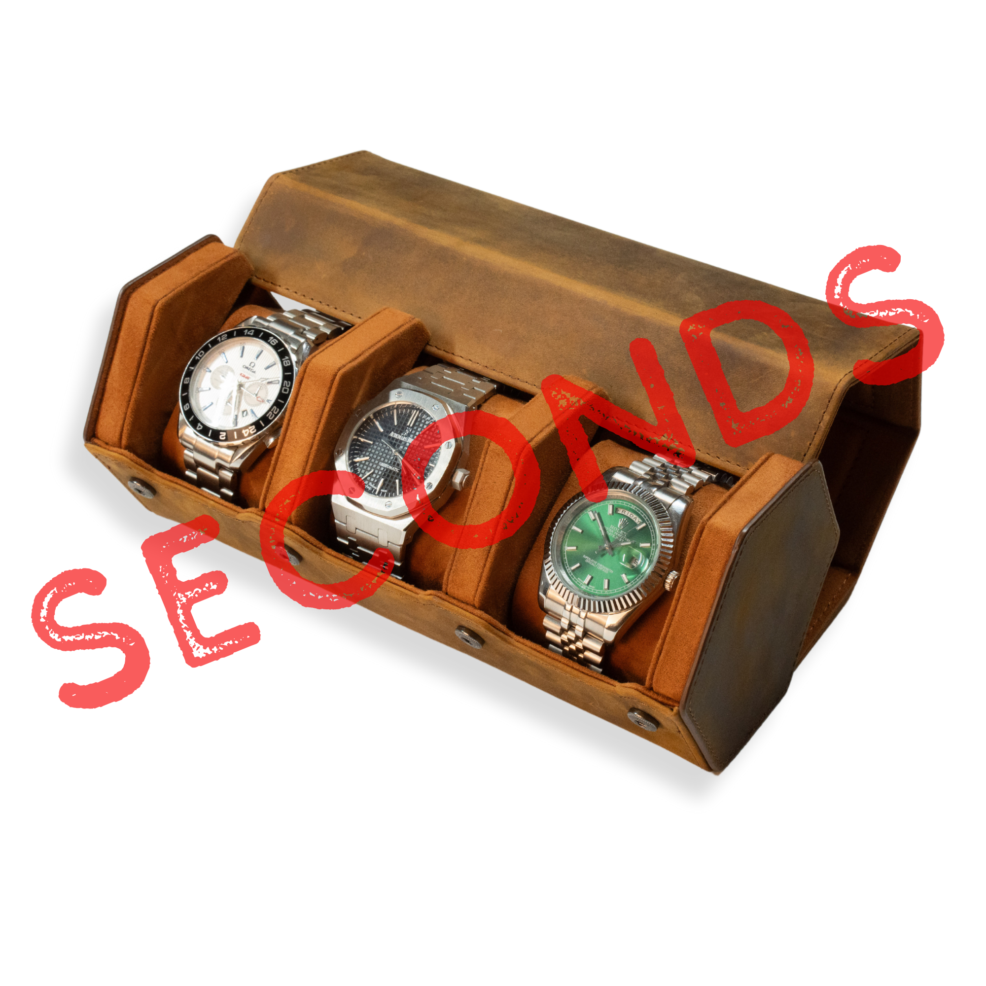 Seconds - Hex Leather Watch Roll 3 Slots in Saddle Leather/Brown