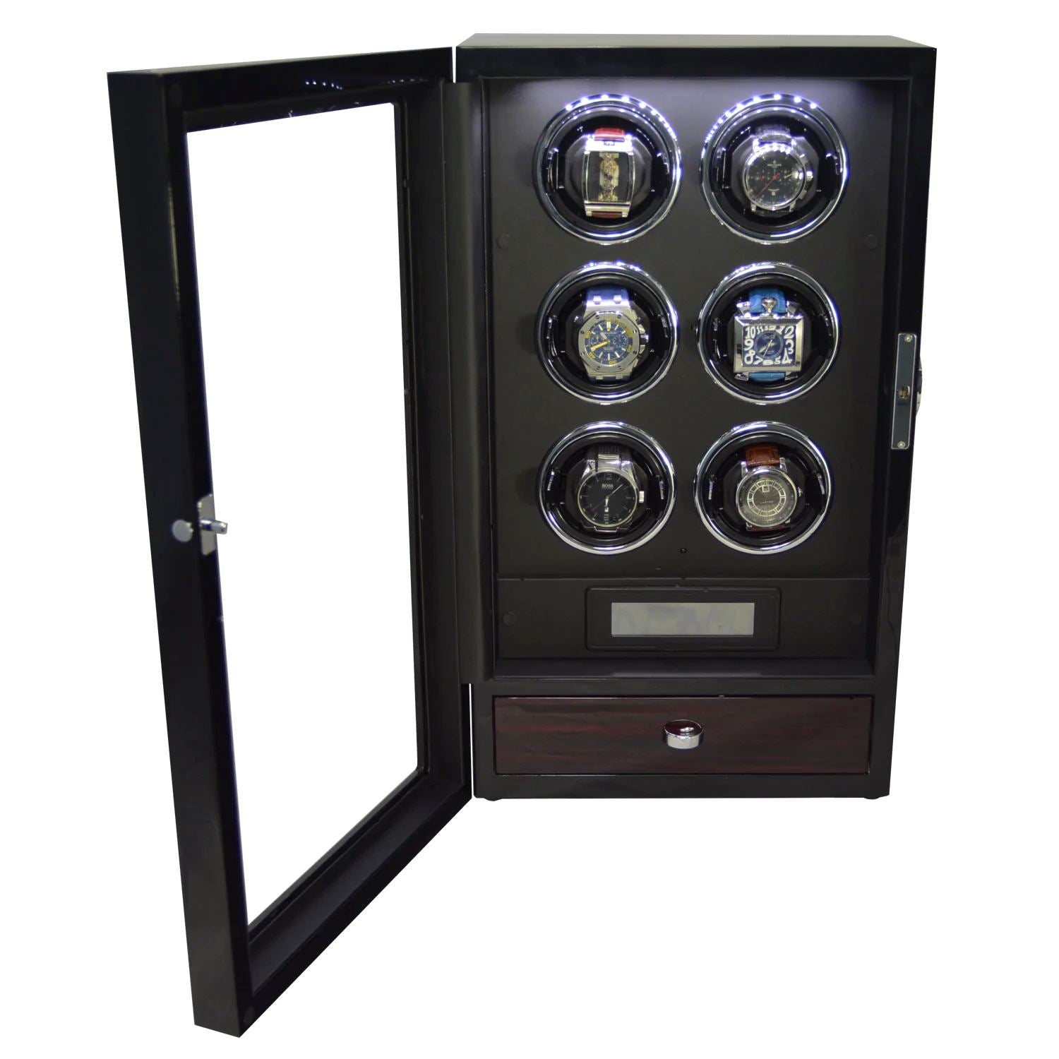 Yarra Watch Winder for 6 Watches + Drawer with Fingerprint Lock Watch Winder Boxes Clinks