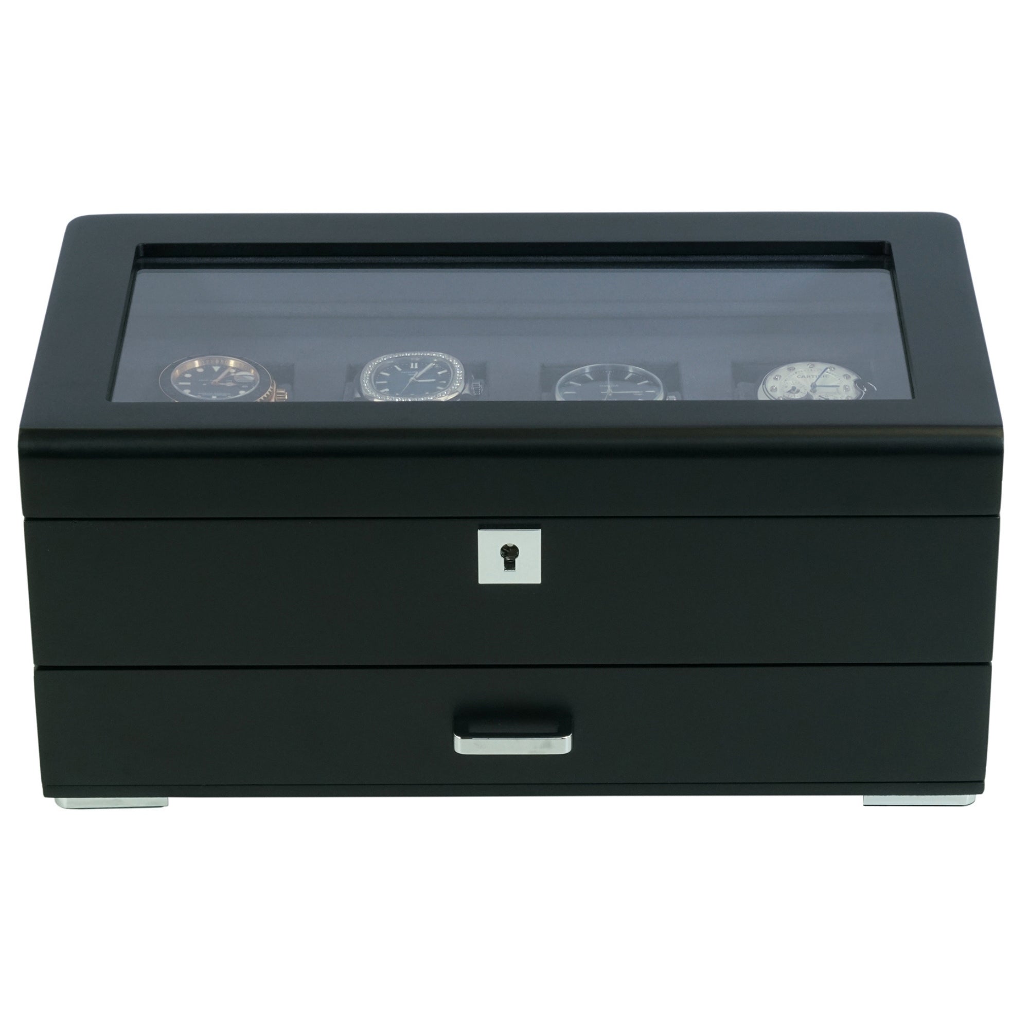 4 Slots Wooden Watch Box with Charcoal Interior and Drawer