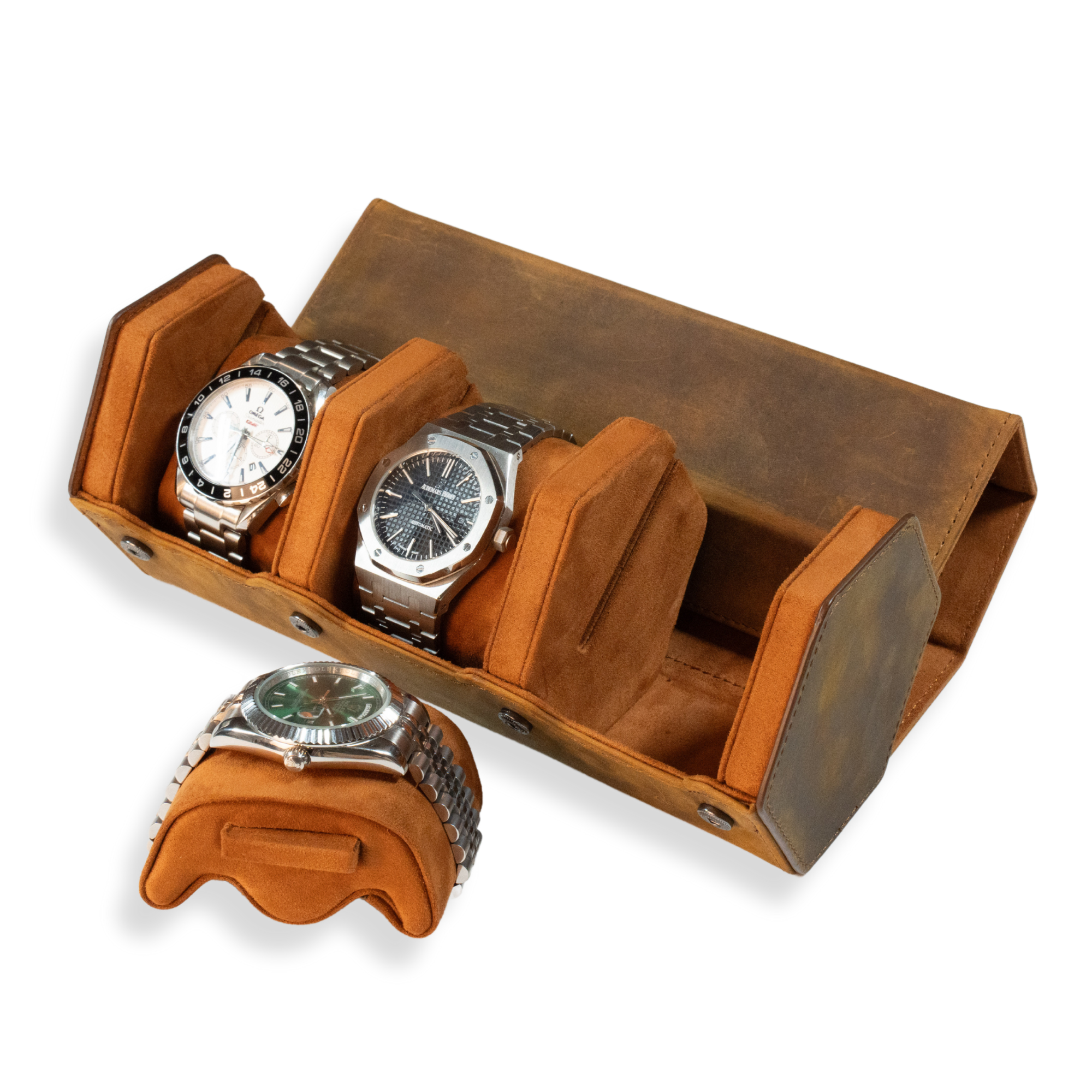 Seconds - Hex Leather Watch Roll 3 Slots in Saddle Leather/Brown