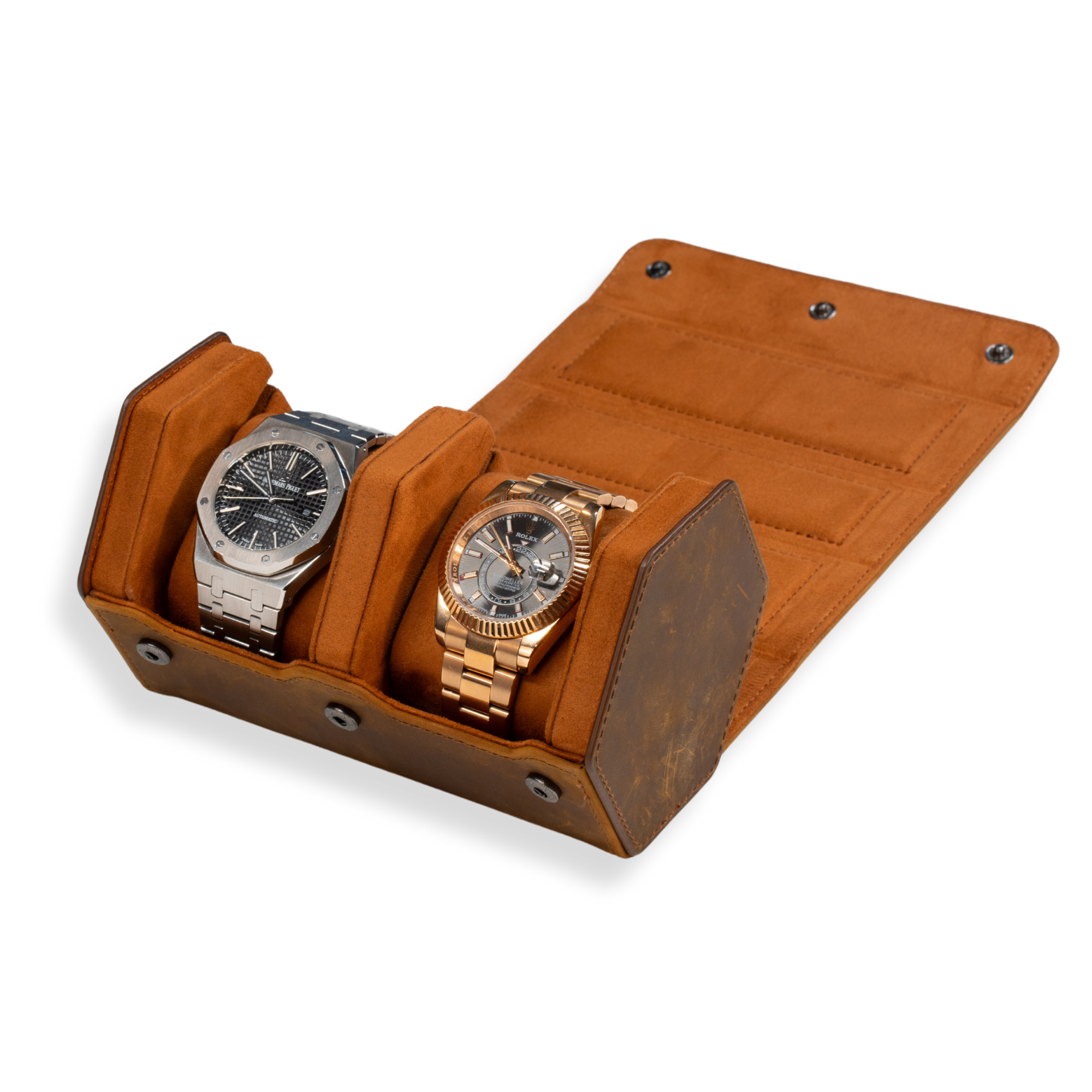Seconds - Hex Leather Watch Roll 2 Slots in Saddle Leather/Brown