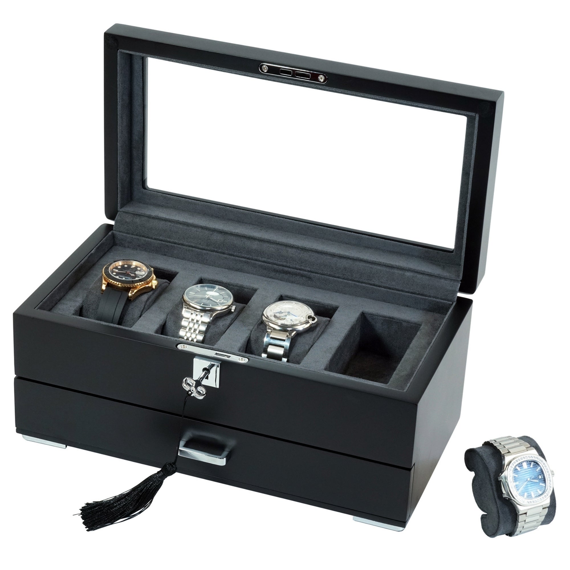 4 Slots Wooden Watch Box with Charcoal Interior and Drawer