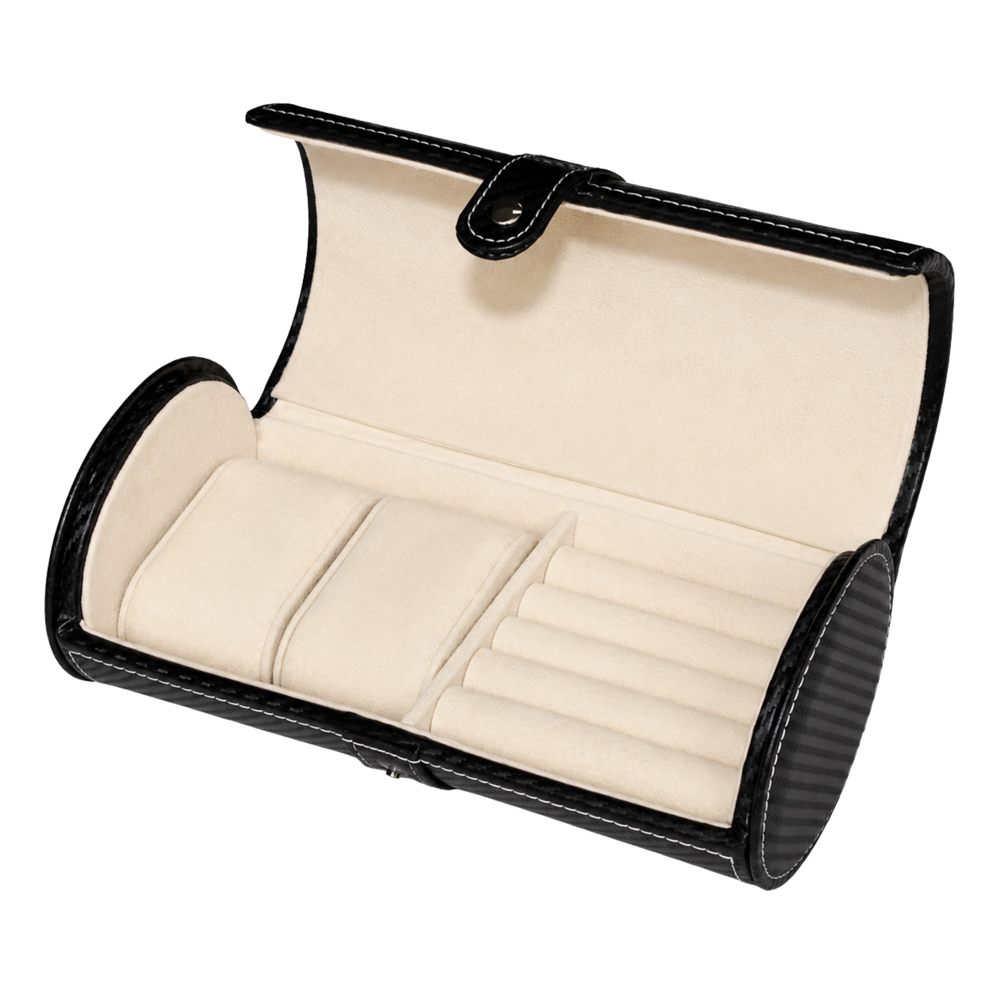 Cufflinks and Watch Roll Case in Black Carbon Fibre Vegan Leather