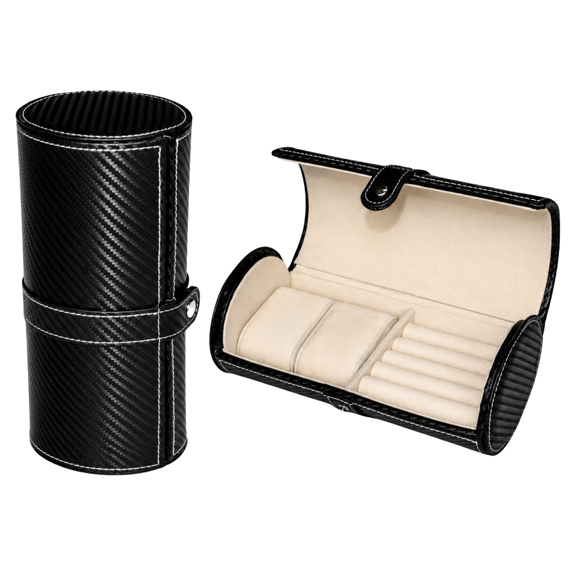 Cufflinks and Watch Roll Case in Black Carbon Fibre Vegan Leather