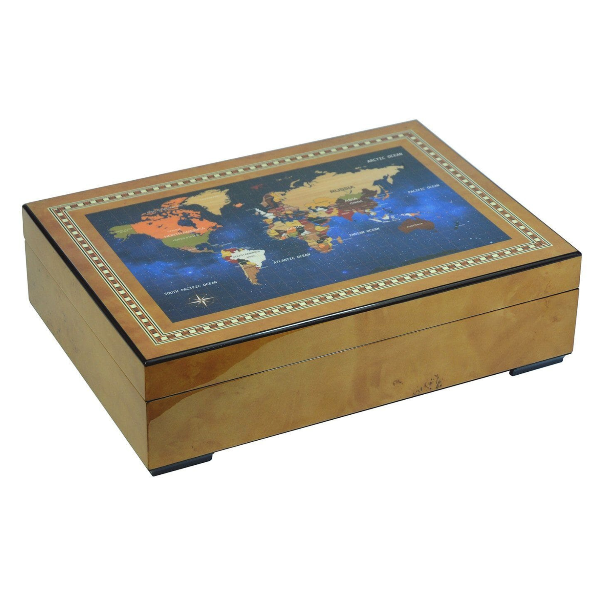 World Map Burl Wooden Watch Box for 6 Watches + Jewellery