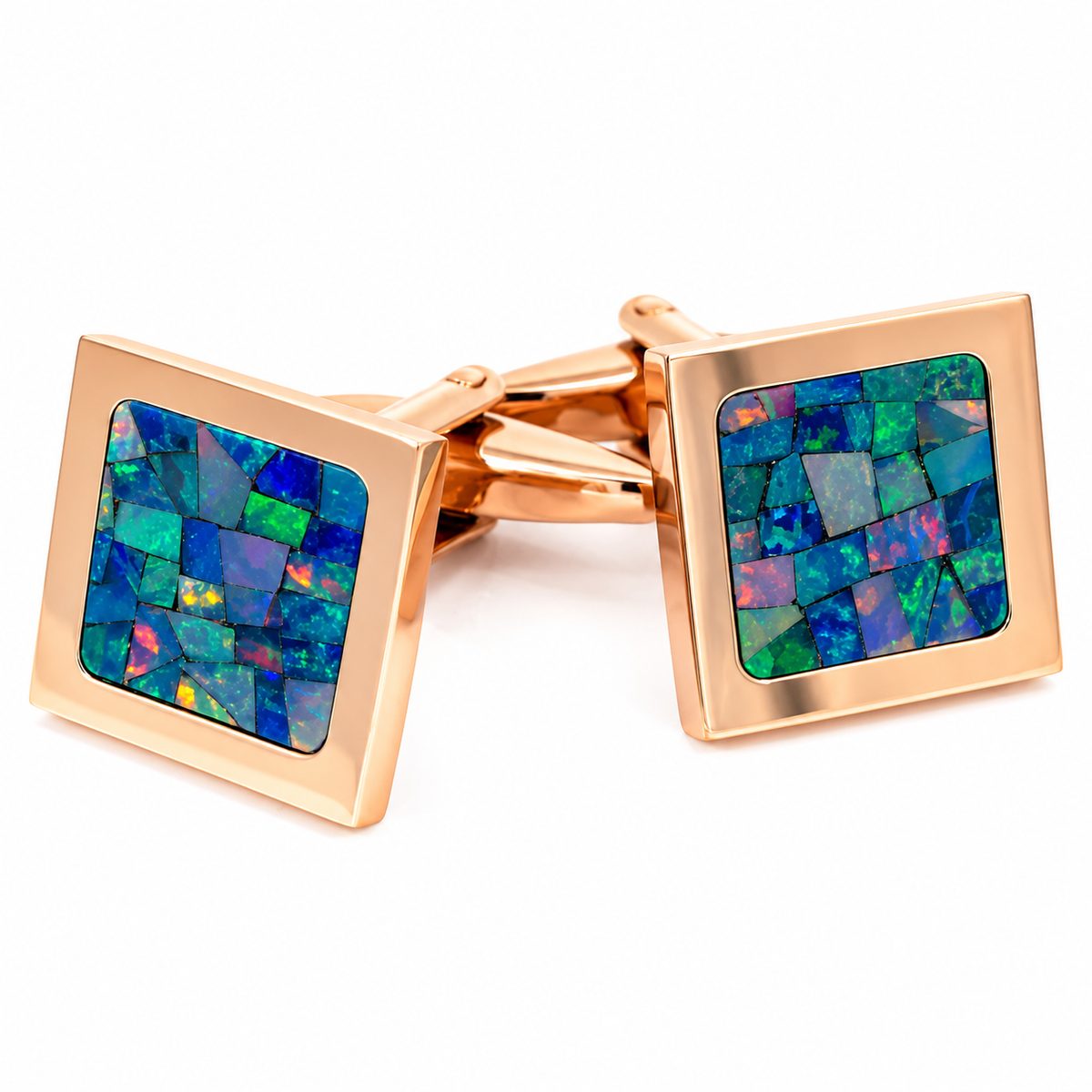 Australian Square Opal Cufflinks (Green Shiny Rose Gold)
