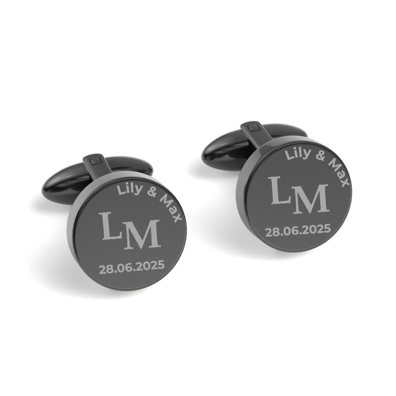 Couples Initials and Date Engraved Round Cufflinks