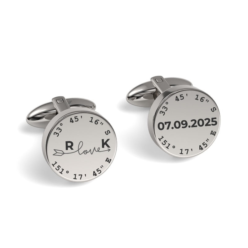 Latitude, Longitude, Initials & Date Round Engraved Cufflinks