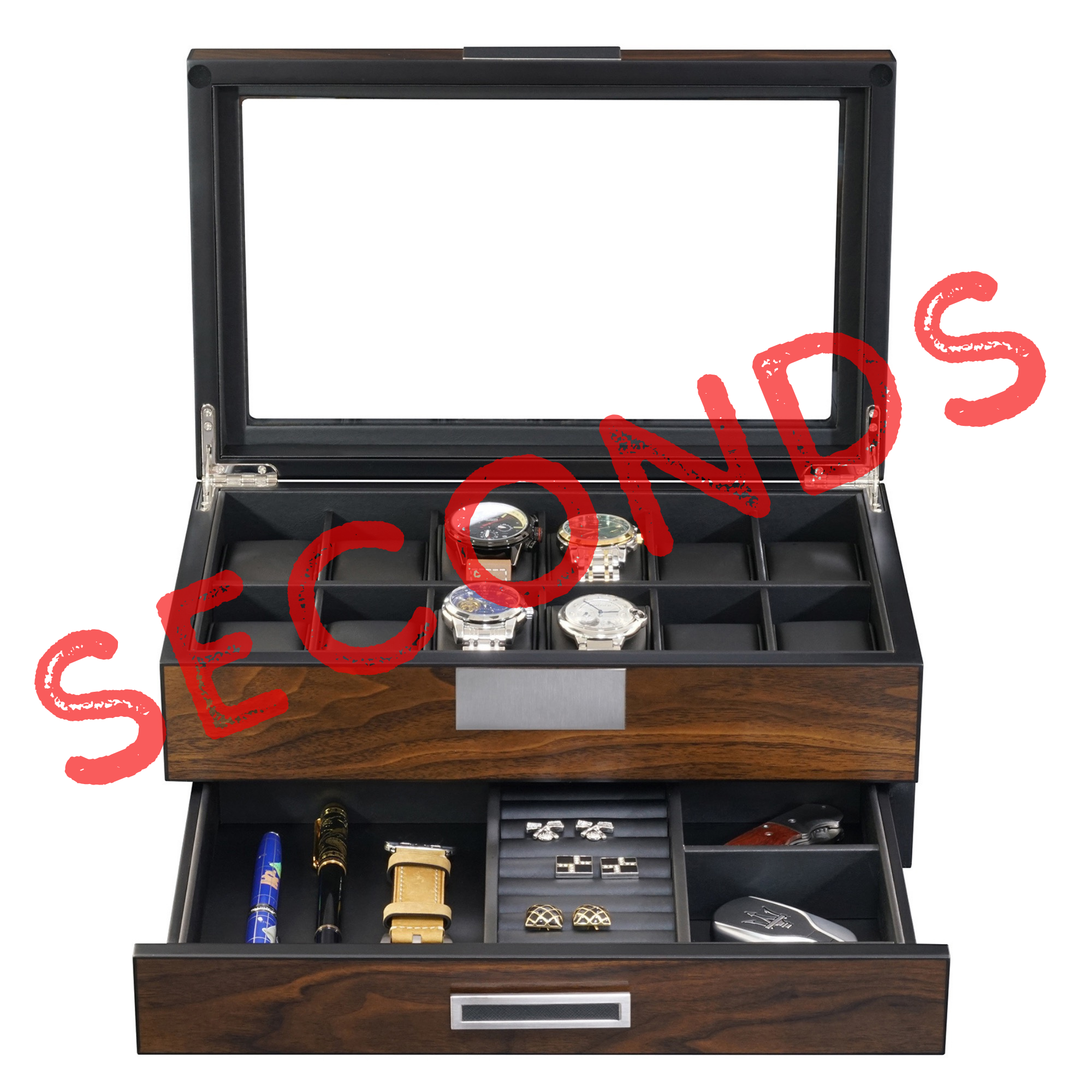 Seconds - 12 Slots Watch Box with Drawer in Ebony Wood