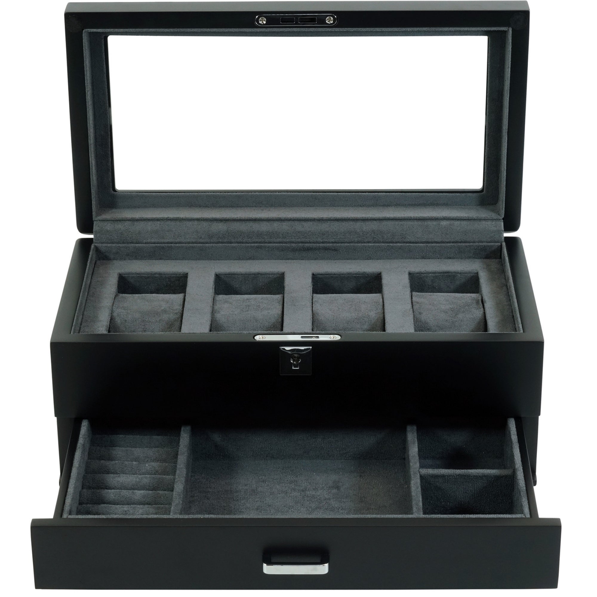 4 Slots Wooden Watch Box with Charcoal Interior and Drawer