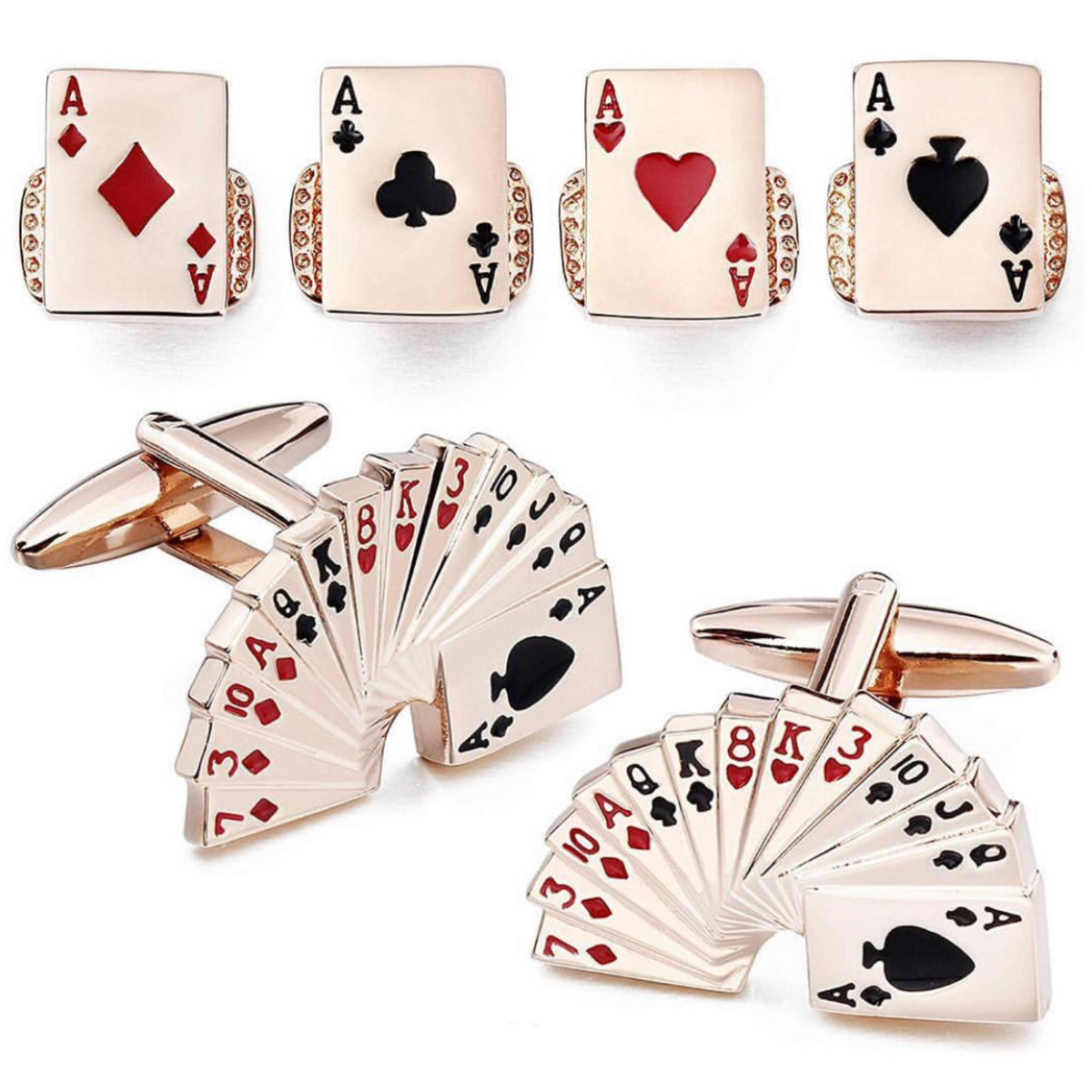 Casino Playing Cards Rose Gold Cufflinks and Stud Set