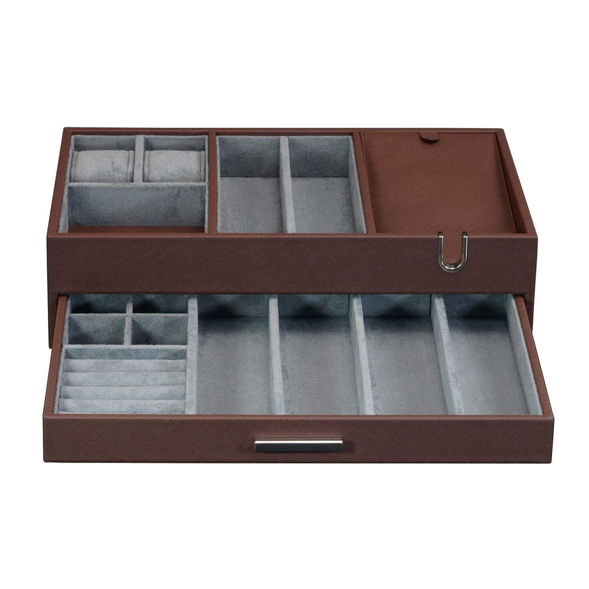 Leather Valet Tray with Drawer in Brown Watch Boxes Clinks
