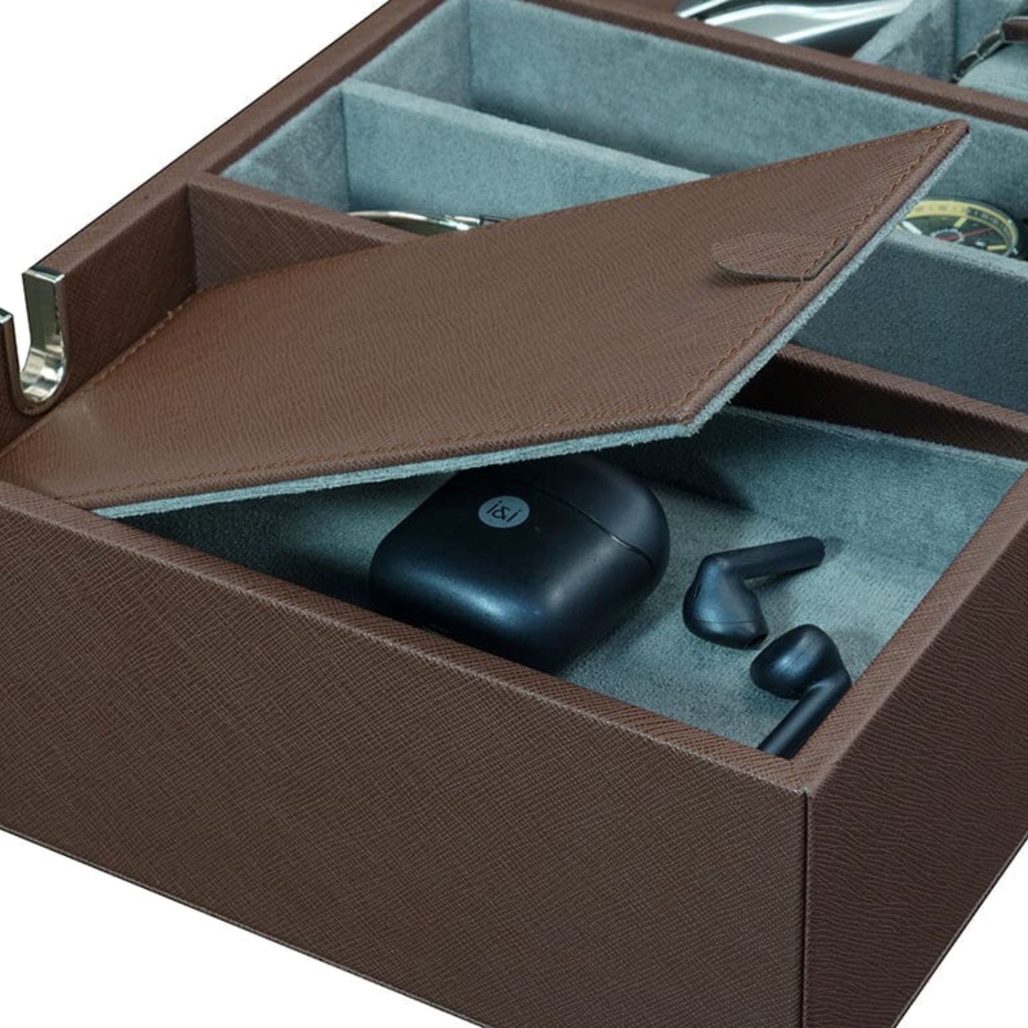Leather Valet Tray with Drawer in Brown Watch Boxes Clinks