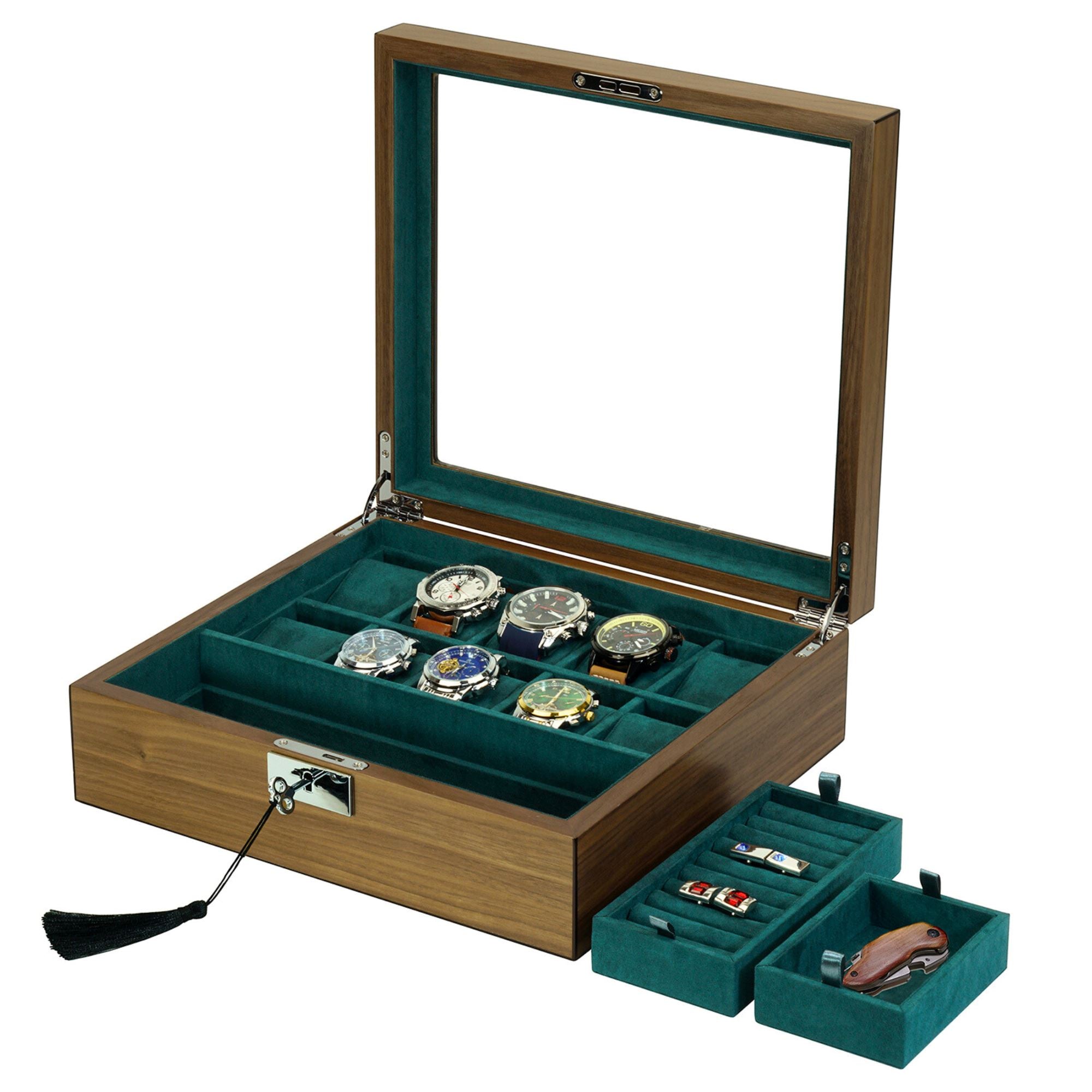 10 Slots Walnut Wooden Watch Box with Removable Trays Watch Boxes Clinks Australia