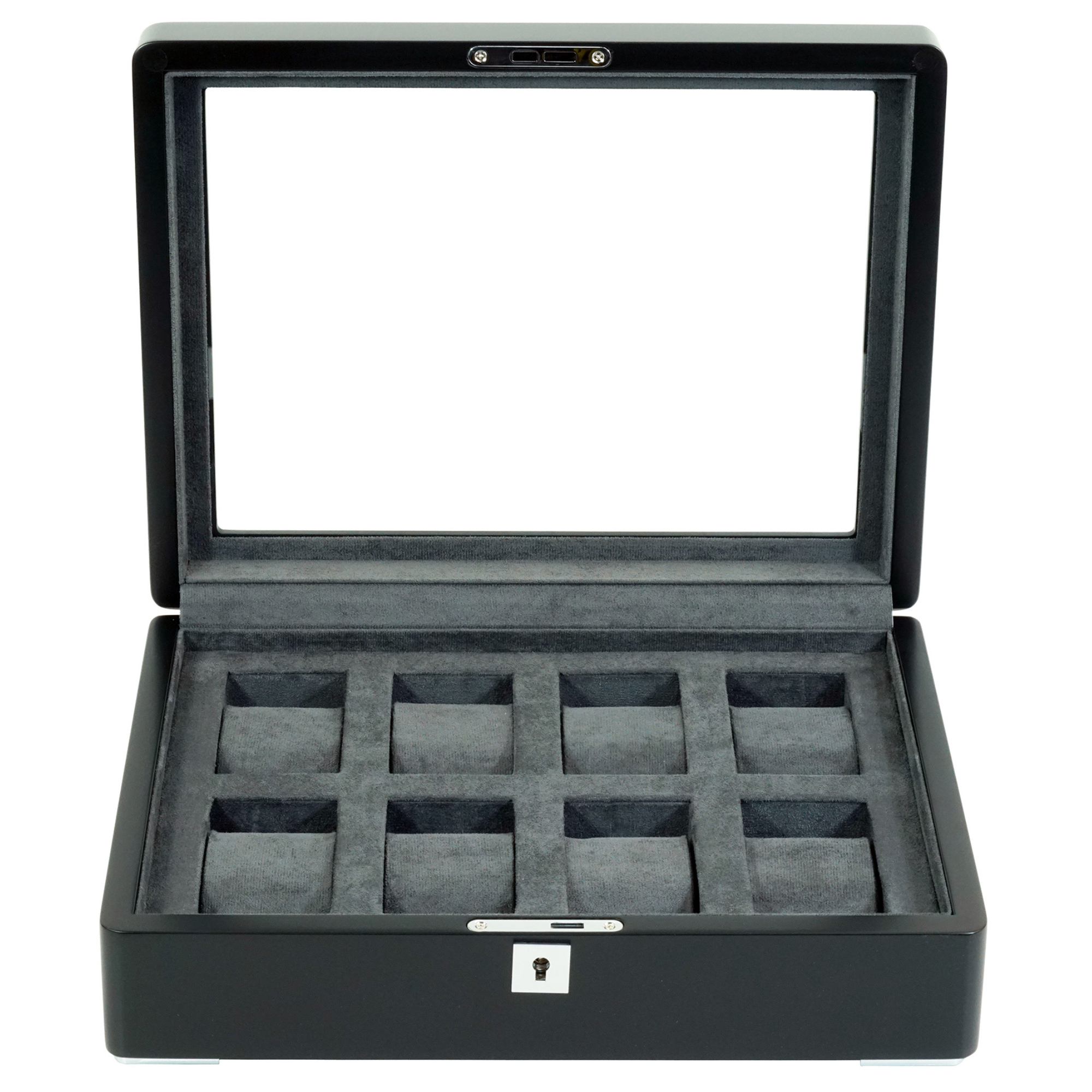 8 Slot Black Wooden Watch Box with Charcoal Interior