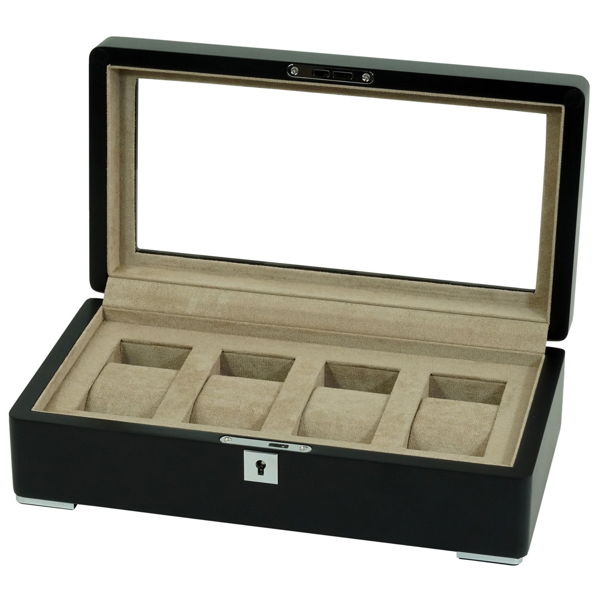 4 Slot Black Wooden Watch Box with Cream Interior