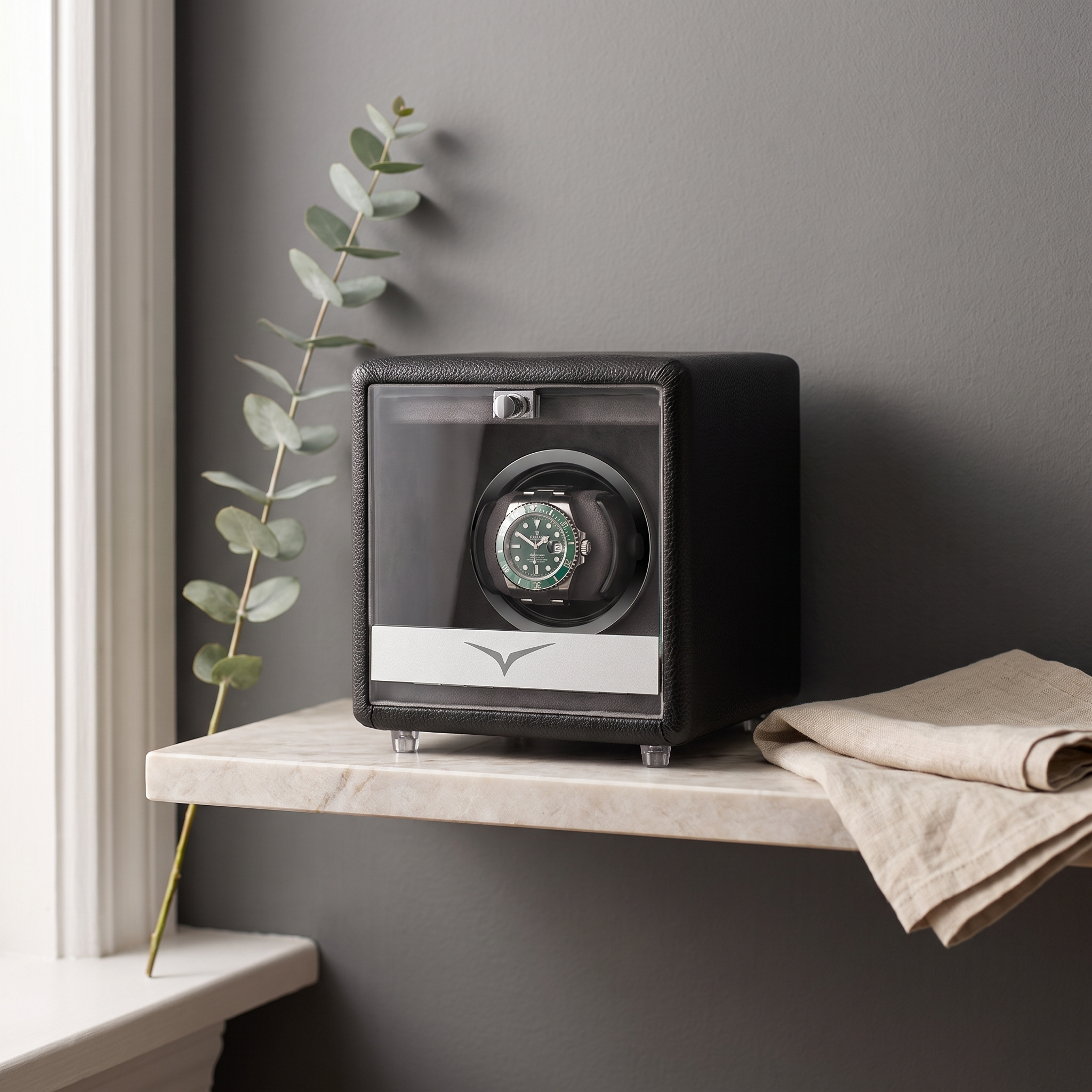 Evandale Watch Winder for 1 Watch in Black Leather — lifestyle shot