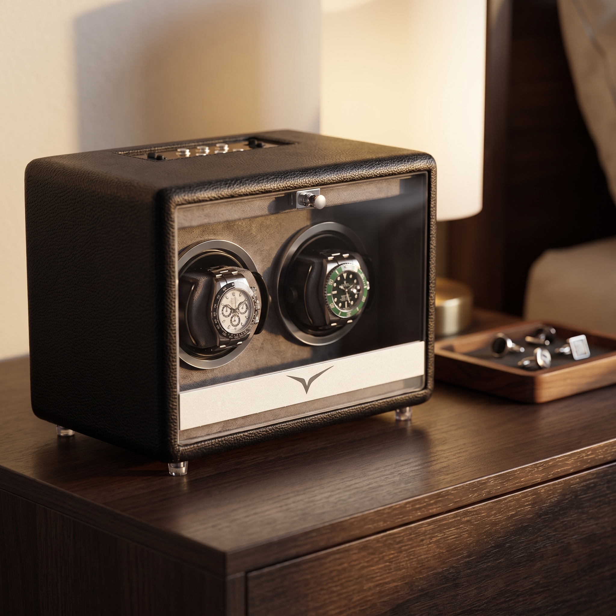 Evandale Watch Winder for 2 Watches in Black Leather — lifestyle shot