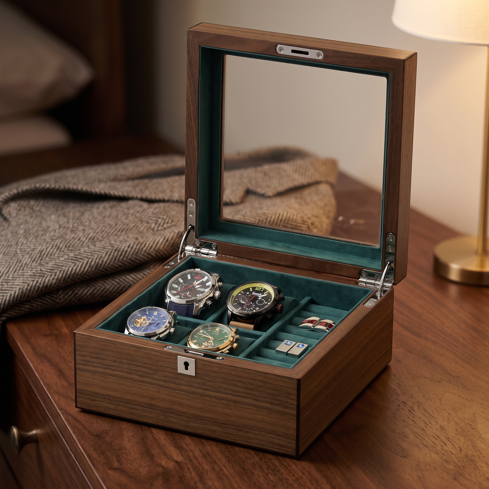 4 Slots Walnut Wooden Watch Box with Cufflinks Storage — lifestyle shot