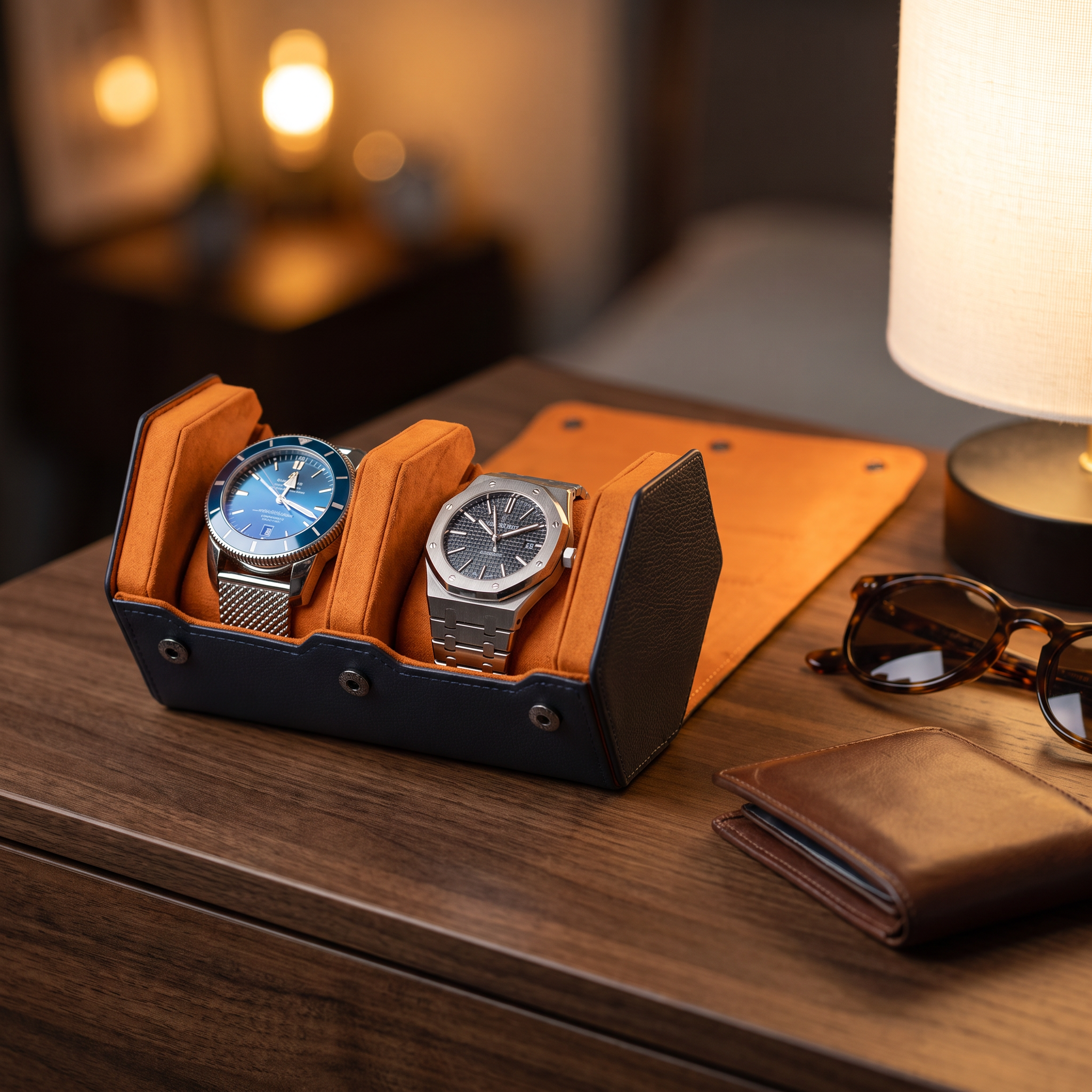 Hex Leather Watch Roll 2 Slots in Navy/Orange — lifestyle shot