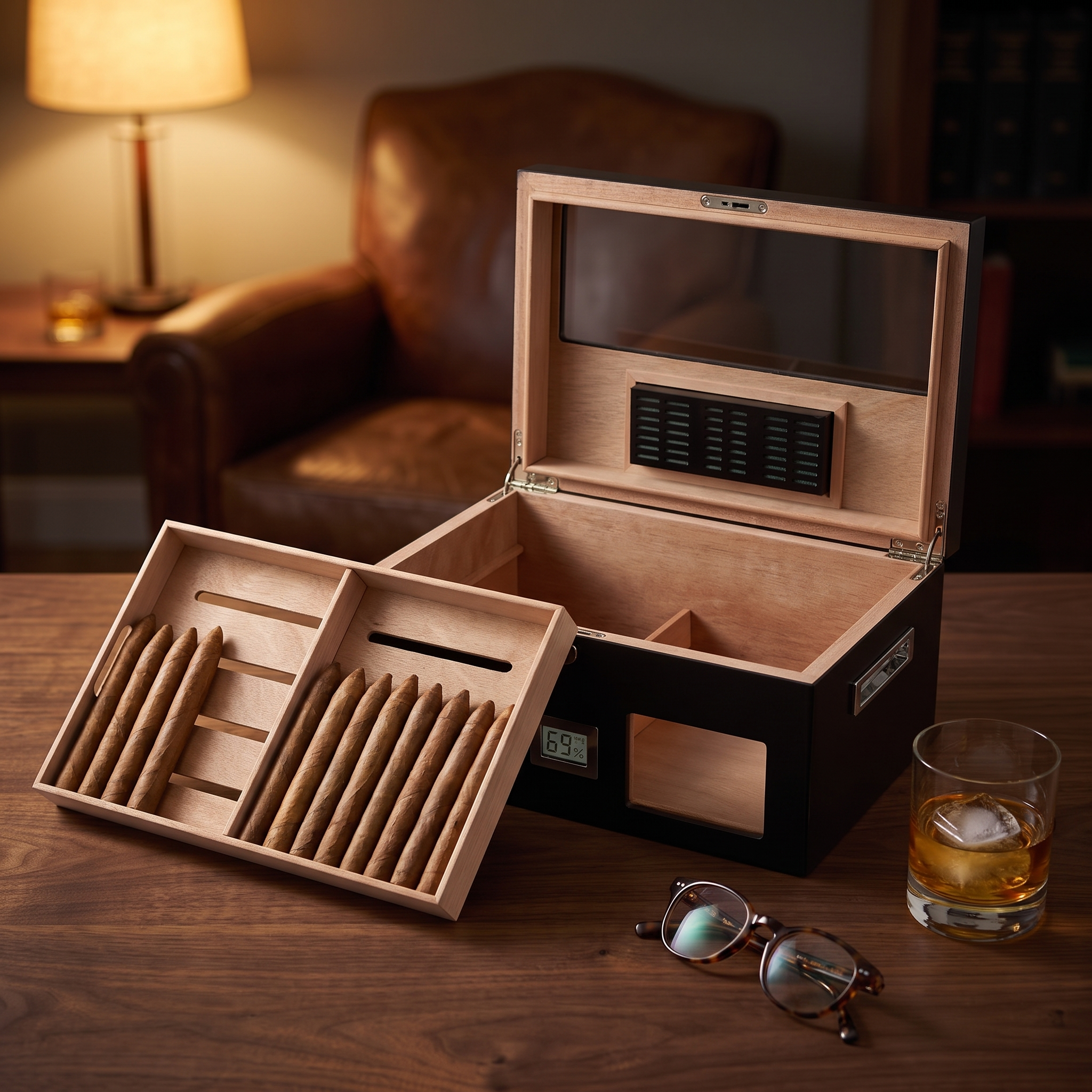 100 CT Black Wooden Cigar Humidor Box with Digital Hygrometer — lifestyle shot