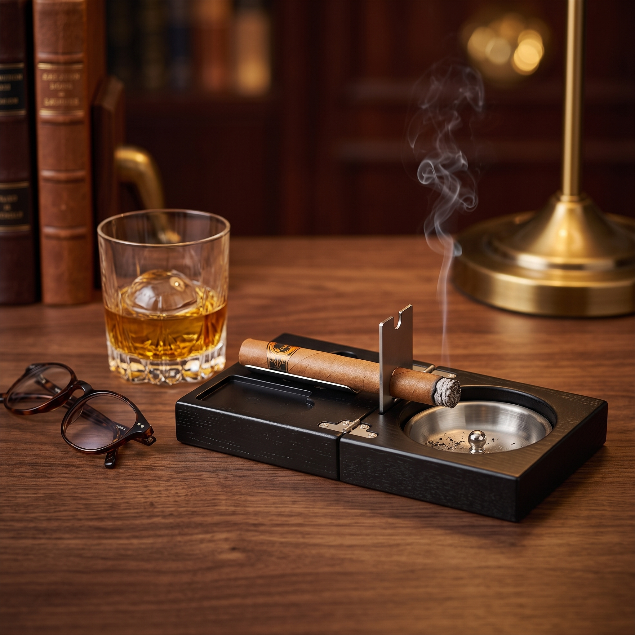 Oak Black Wooden Foldable Cigar Ashtray with Cigar Cutter — lifestyle shot