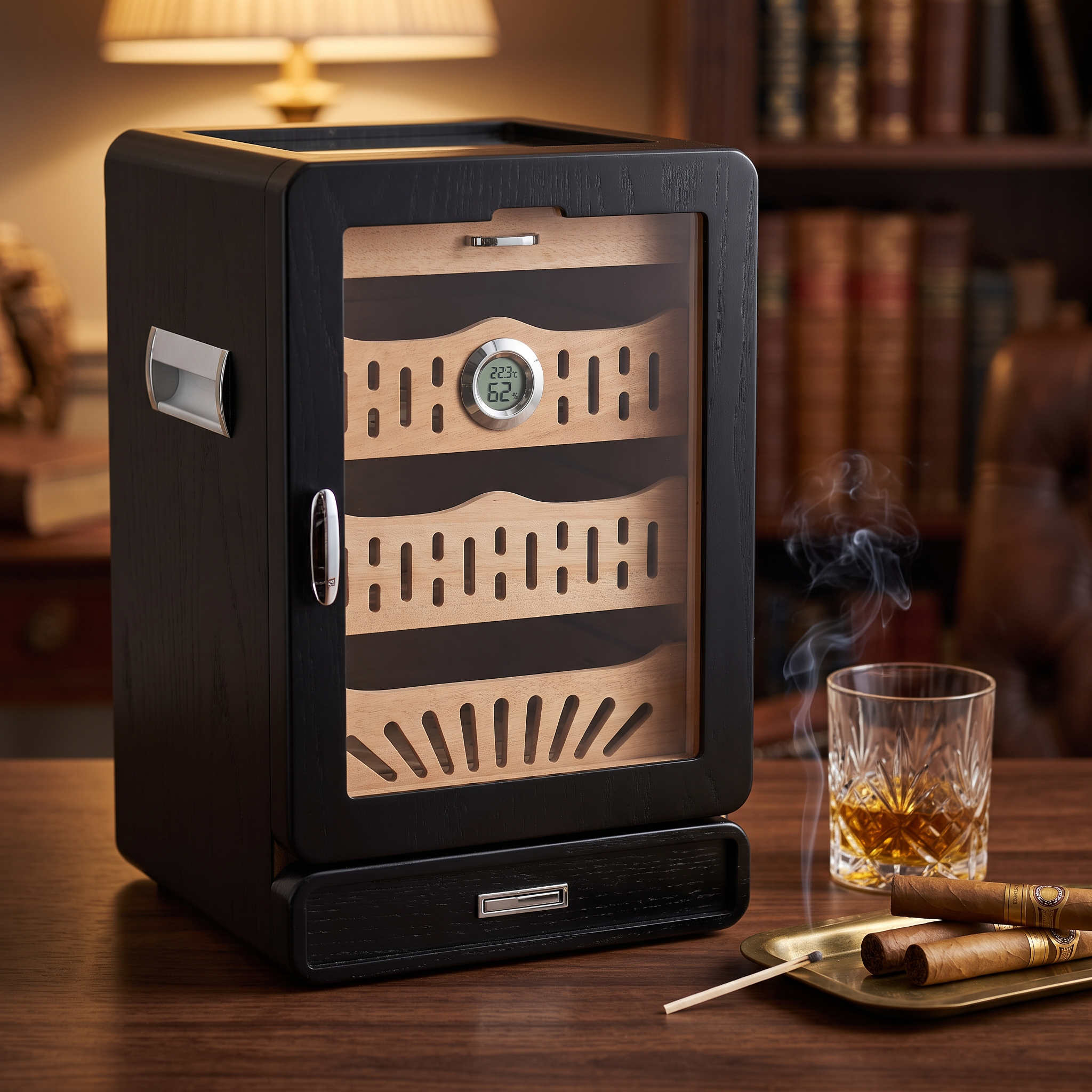 200 CT Black Wooden with Glass Top Cabinet for Cigars — lifestyle shot
