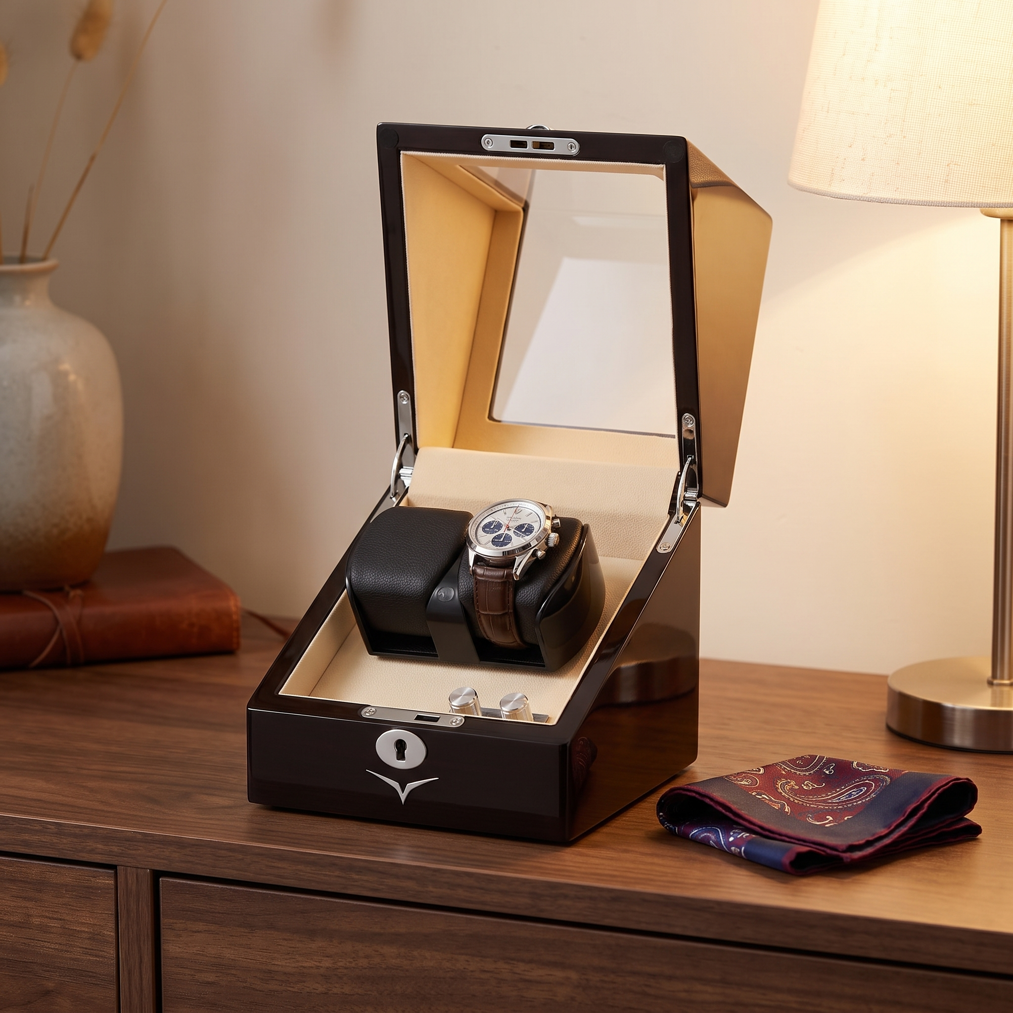 Lindeman Mahogany Watch Winder Box for 2 Watches (Single Rotor) — lifestyle shot