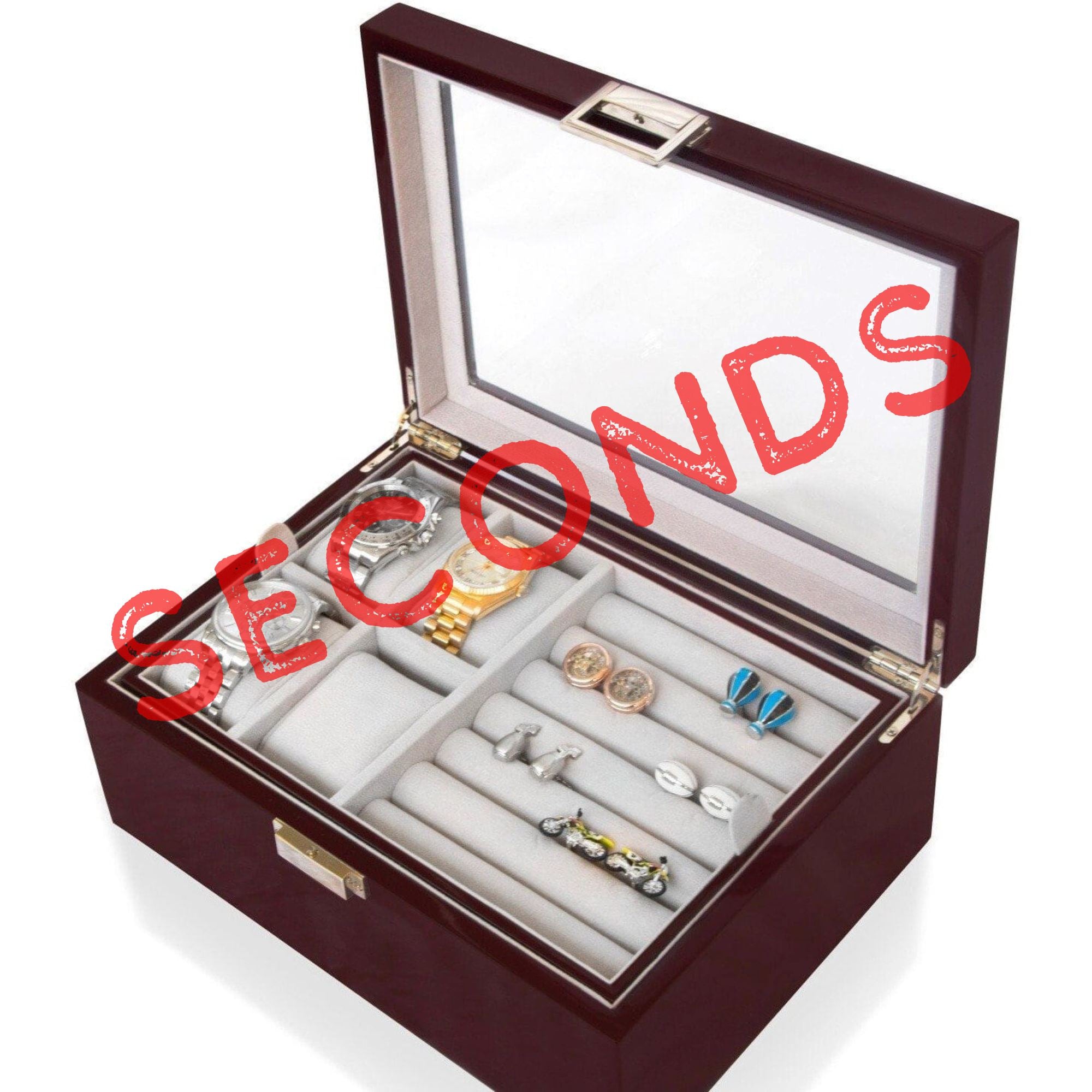 Seconds - 50 Pair Cufflink and Watch Box Double Decker Mahogany Seconds Clinks
