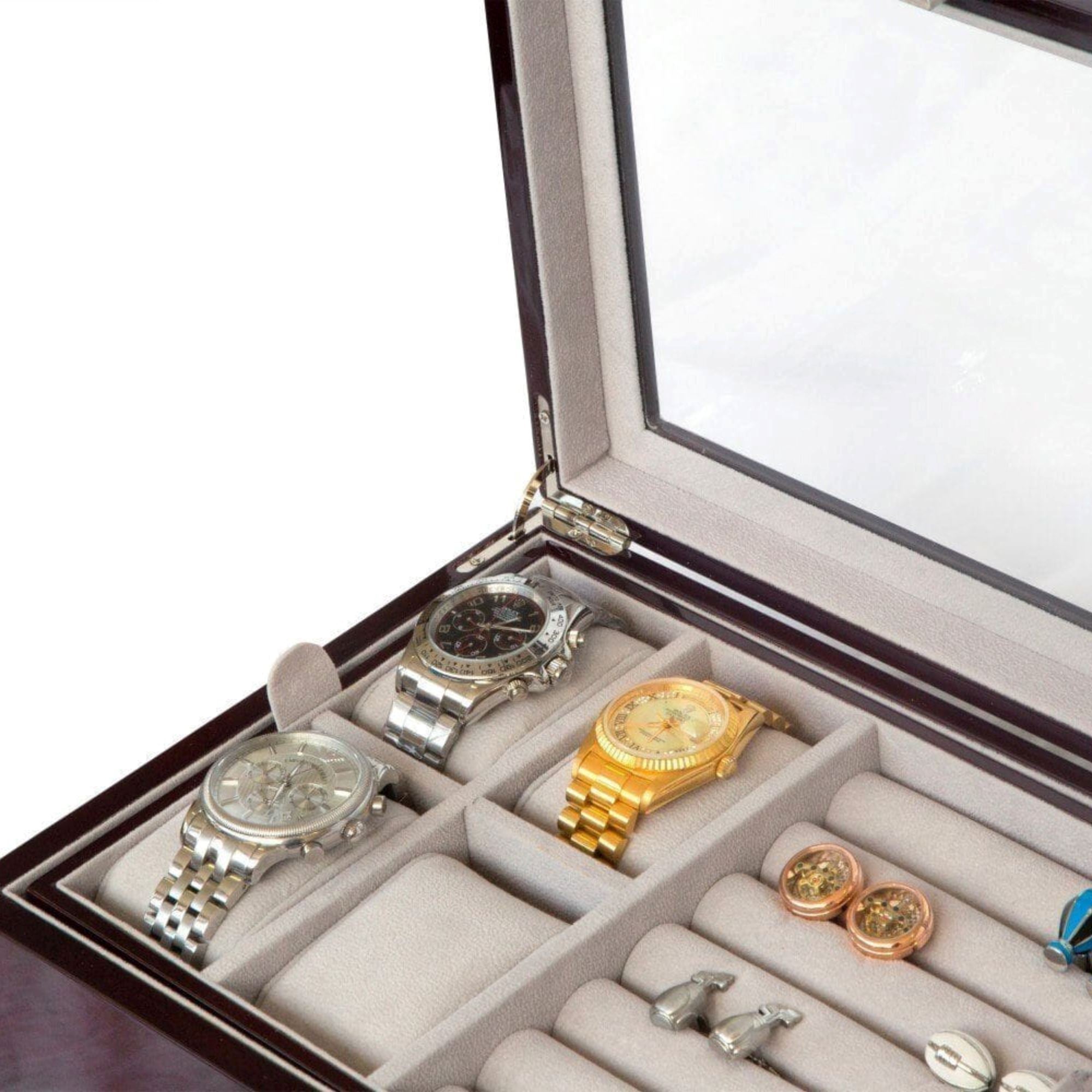 Seconds - 50 Pair Cufflink and Watch Box Double Decker Mahogany (a) Seconds Clinks