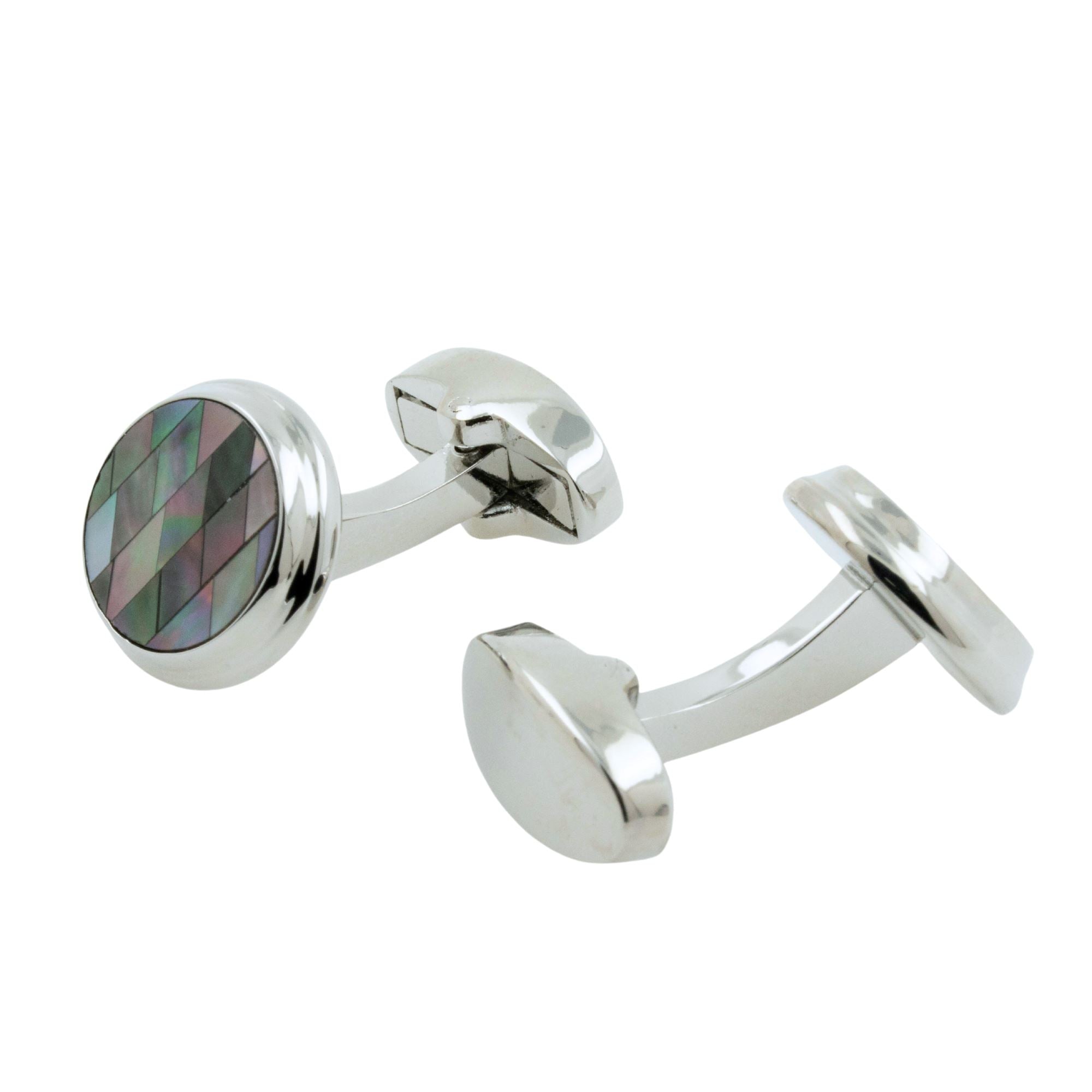Black Diamond Mosaic Mother of Pearl in Round Silver Cufflinks Classic & Modern Cufflinks Clinks Australia