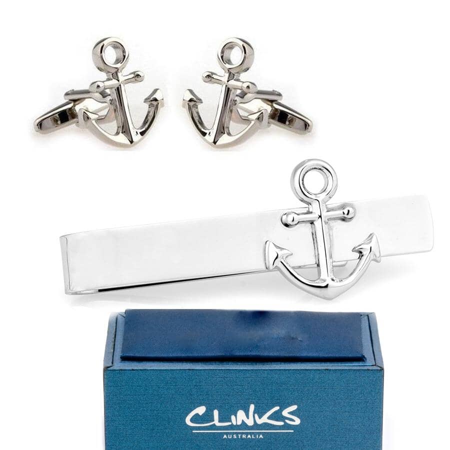 Ship Anchor Silver Cufflinks & Tie Bar Set Gift Set Cuffed.com.au