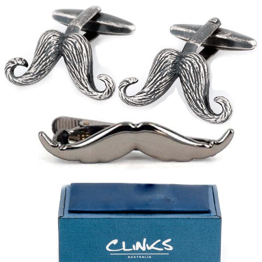 Vintage Moustache Cufflinks & Gunmetal Tie Clip Set Gift Set Clinks Australia