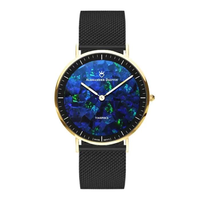 Roland Cliff Blue Swiss Opal Watch 40MM with Black Mesh Strap Watches Clinks