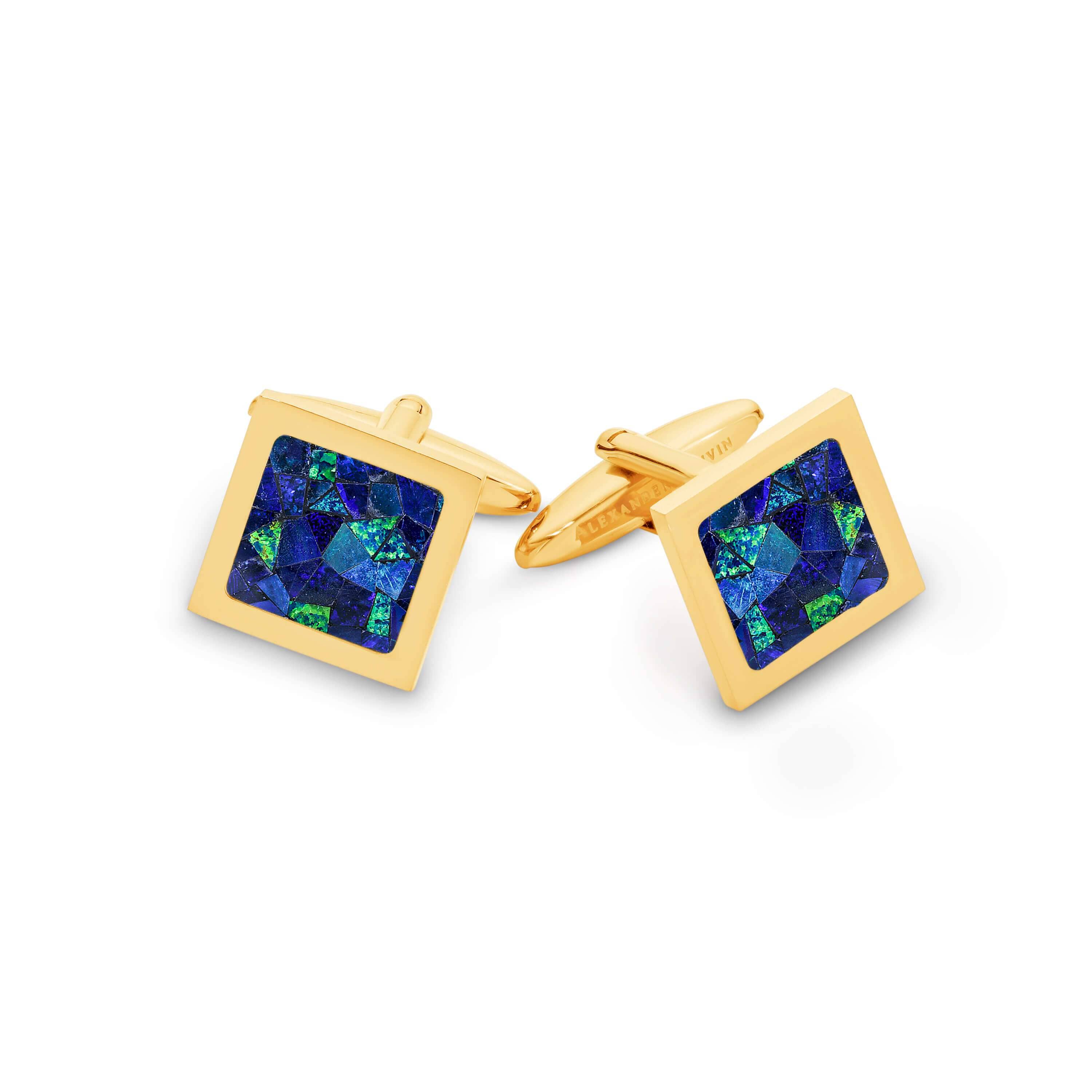 Australian Square Opal Cufflinks (Blue Yellow Gold) Classic & Modern Cufflinks Clinks Australia Default
