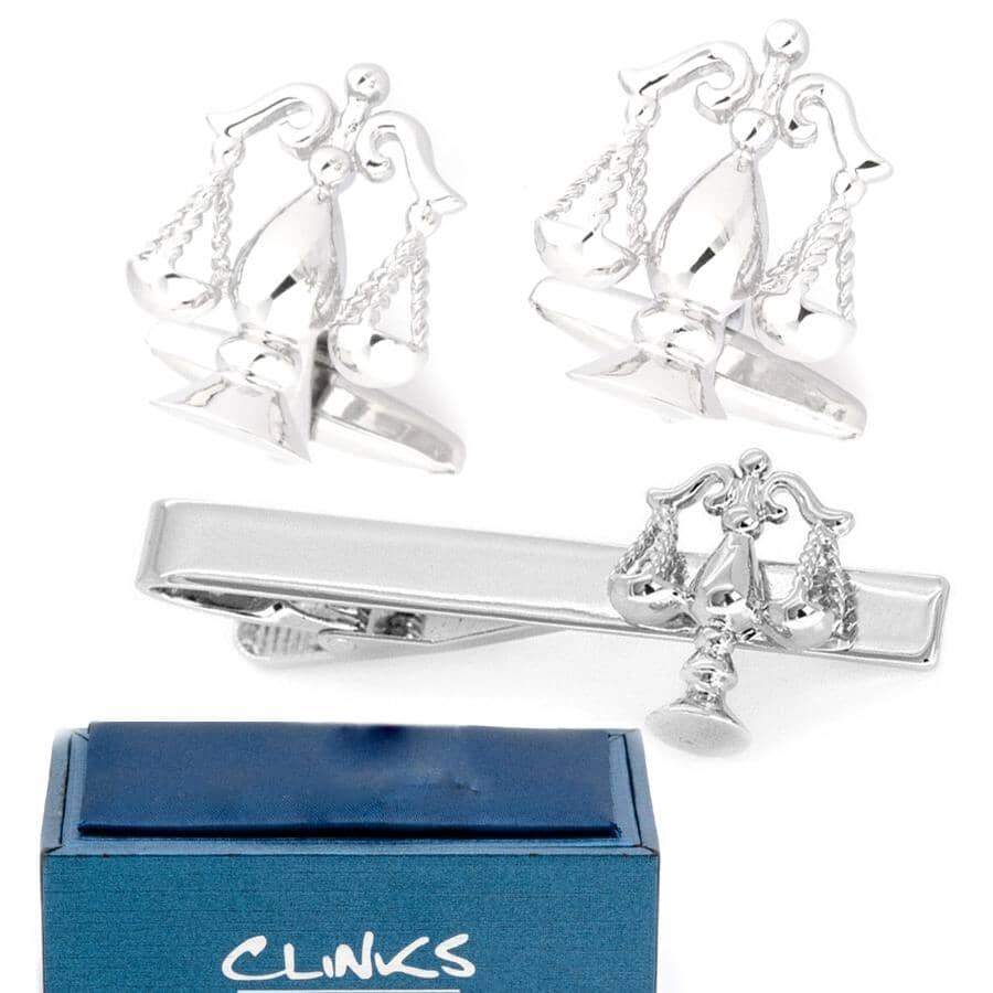 Scales of Justice Silver Cufflinks & Tie Clip Set Gift Set Clinks Australia
