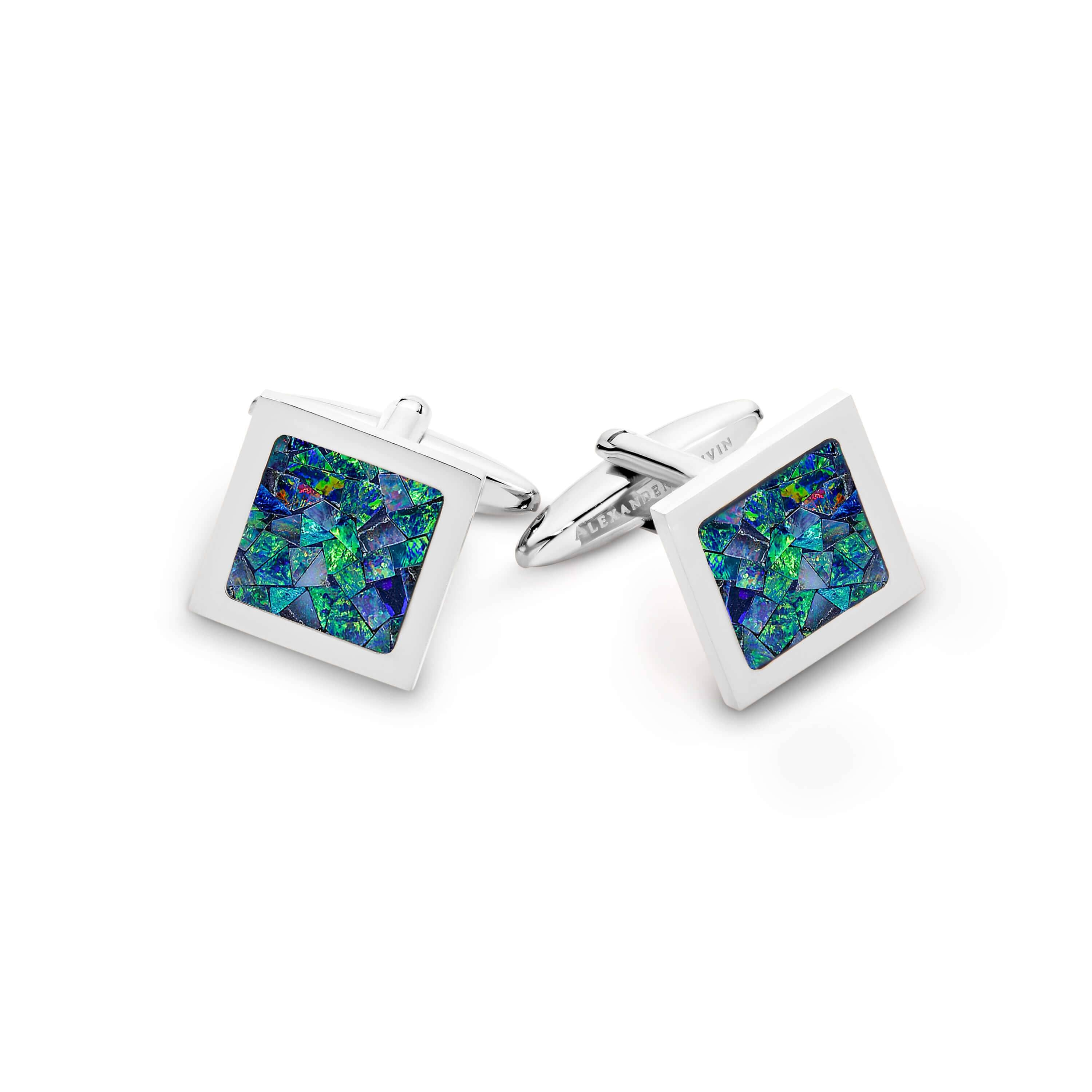 Australian Square Opal Cufflinks (Green Silver) Classic & Modern Cufflinks Clinks Australia Default