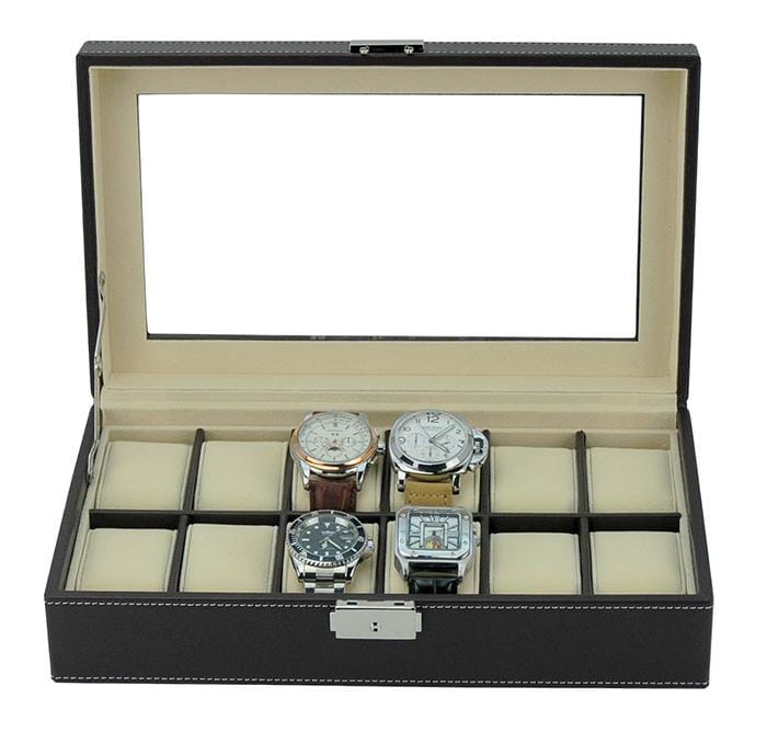 Dark Brown Leather Watch Box for 12 Watches Watch Boxes Clinks Default
