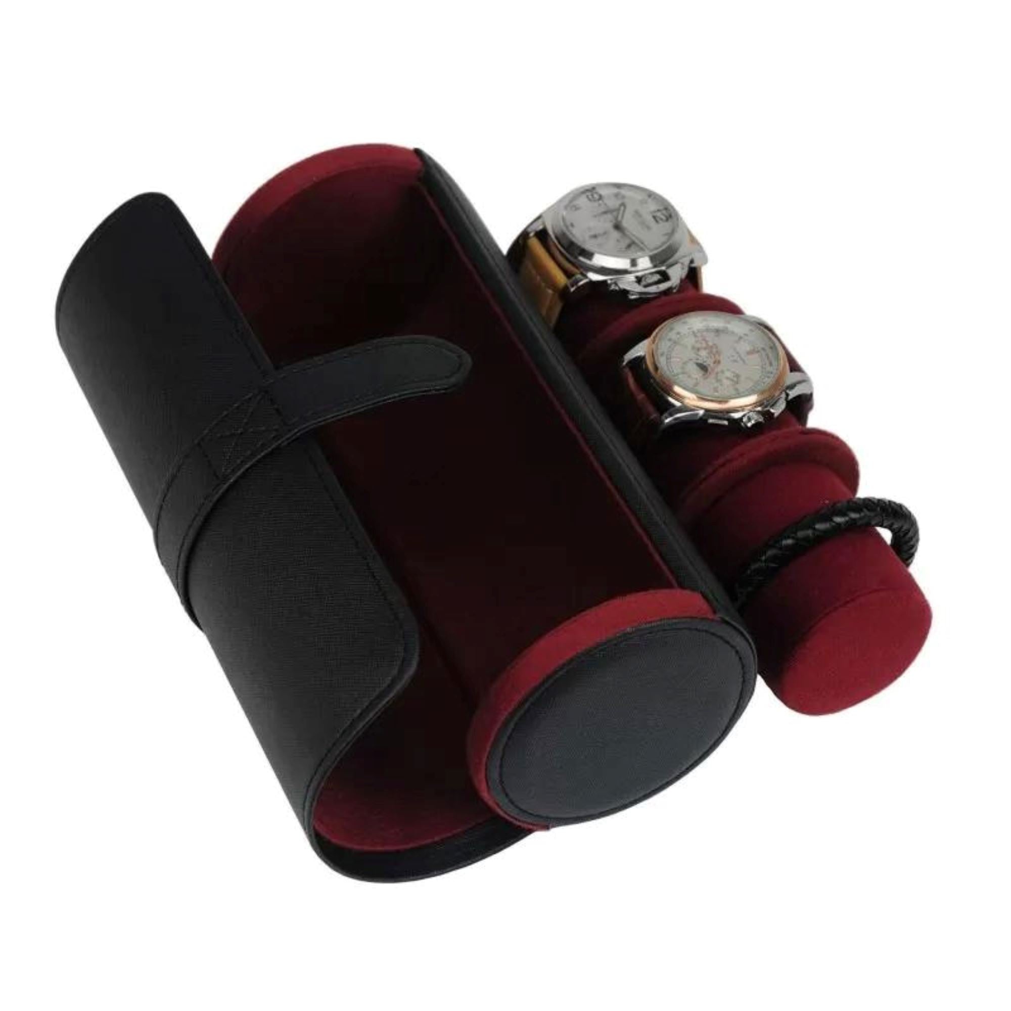 Watch Roll Case for 3 in Black Vegan Leather Watch Boxes Clinks