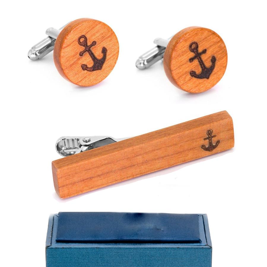Brown Wood Anchor Cufflinks & Tie Clip Set Gift Set Clinks Australia