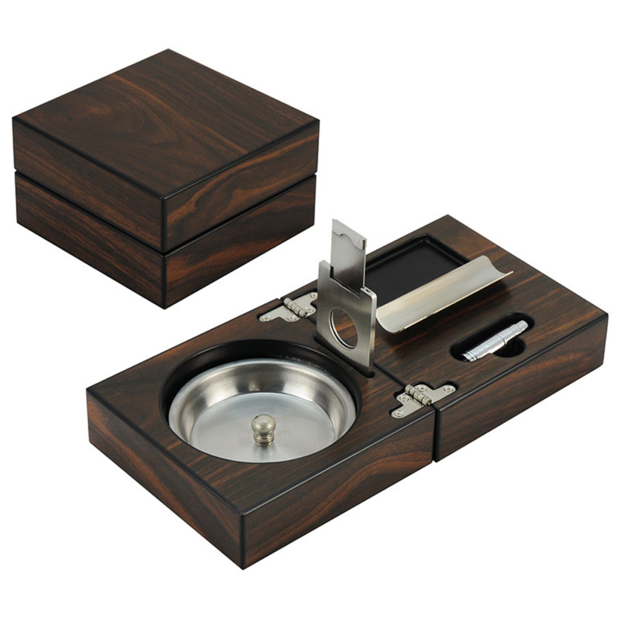 Walnut Wooden Foldable Cigar Ashtray with Cigar Cutter
