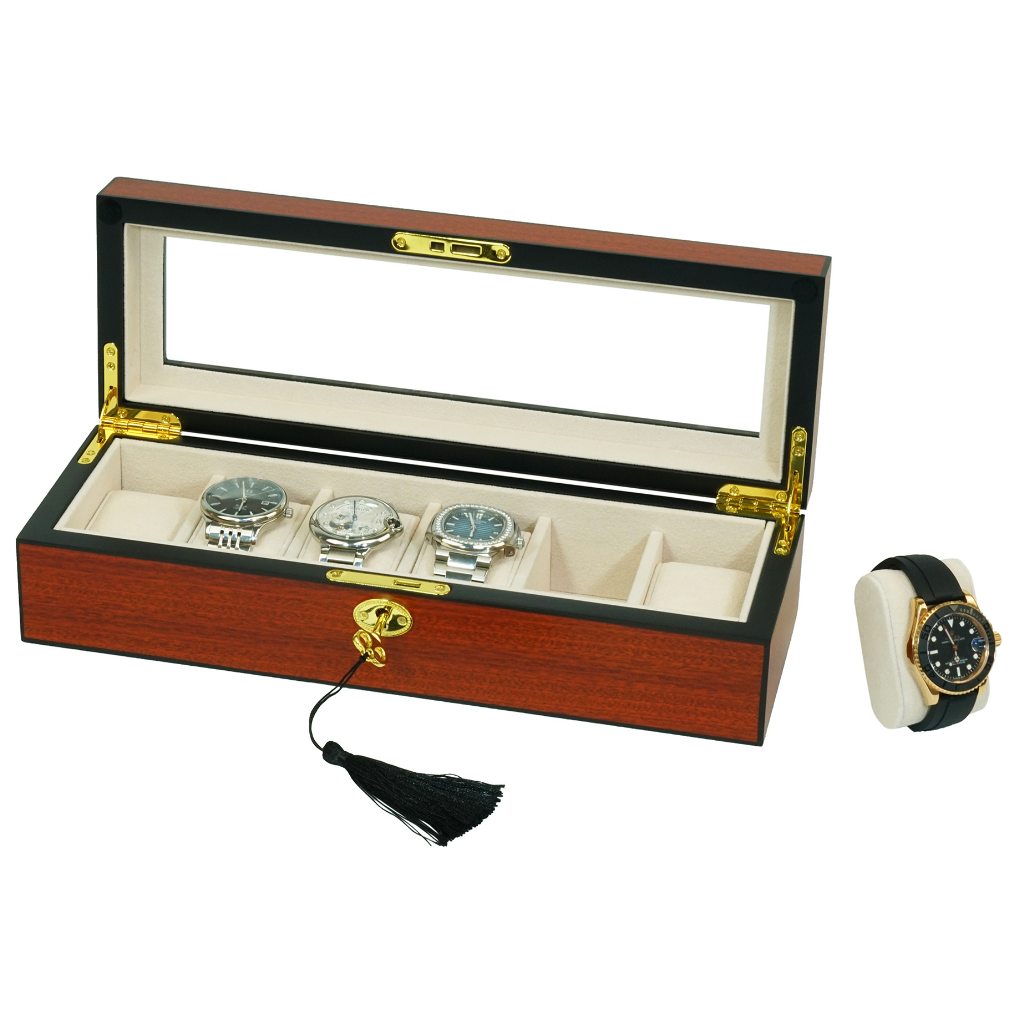 6 Slots Wooden Watch Box With Glass Window
