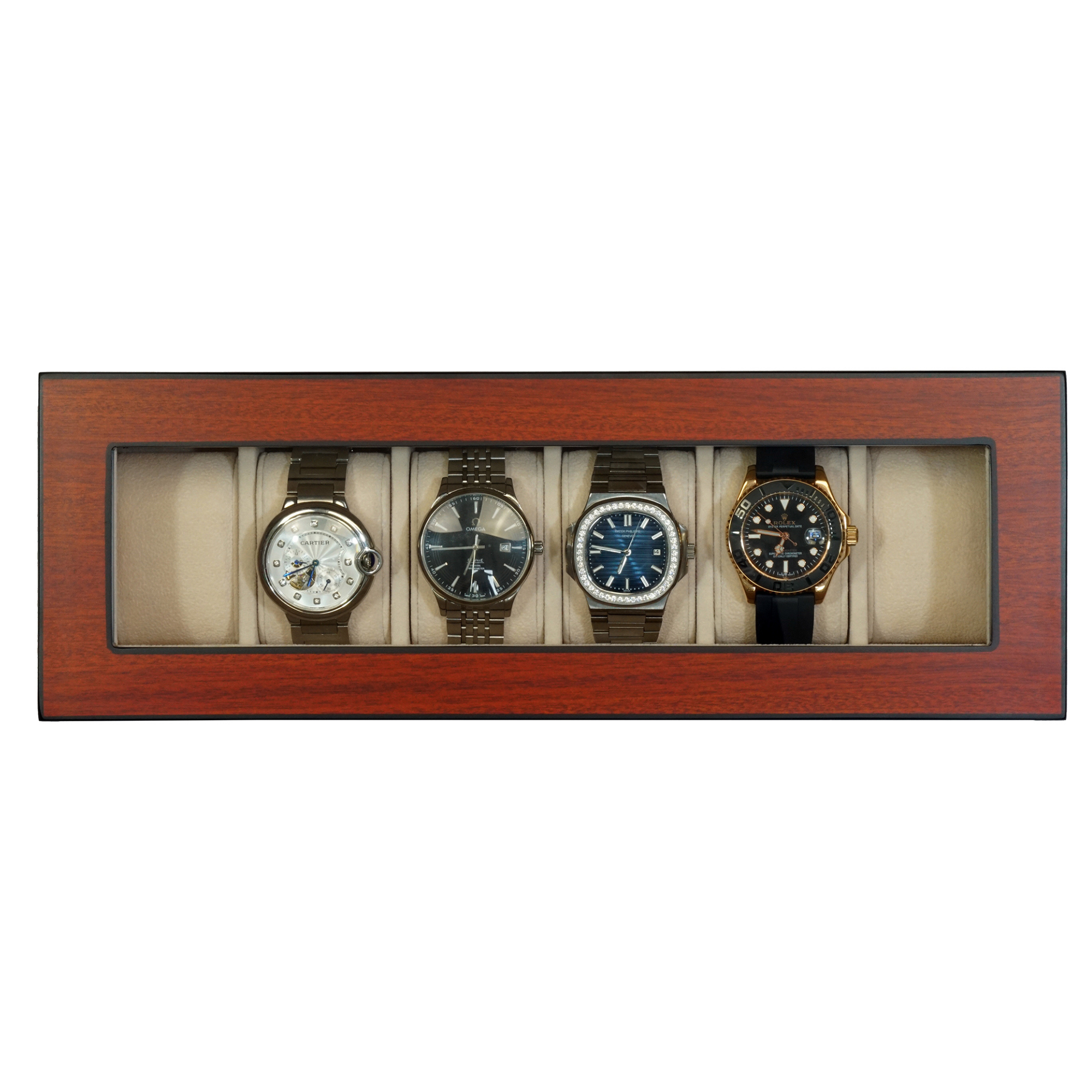6 Slots Wooden Watch Box With Glass Window
