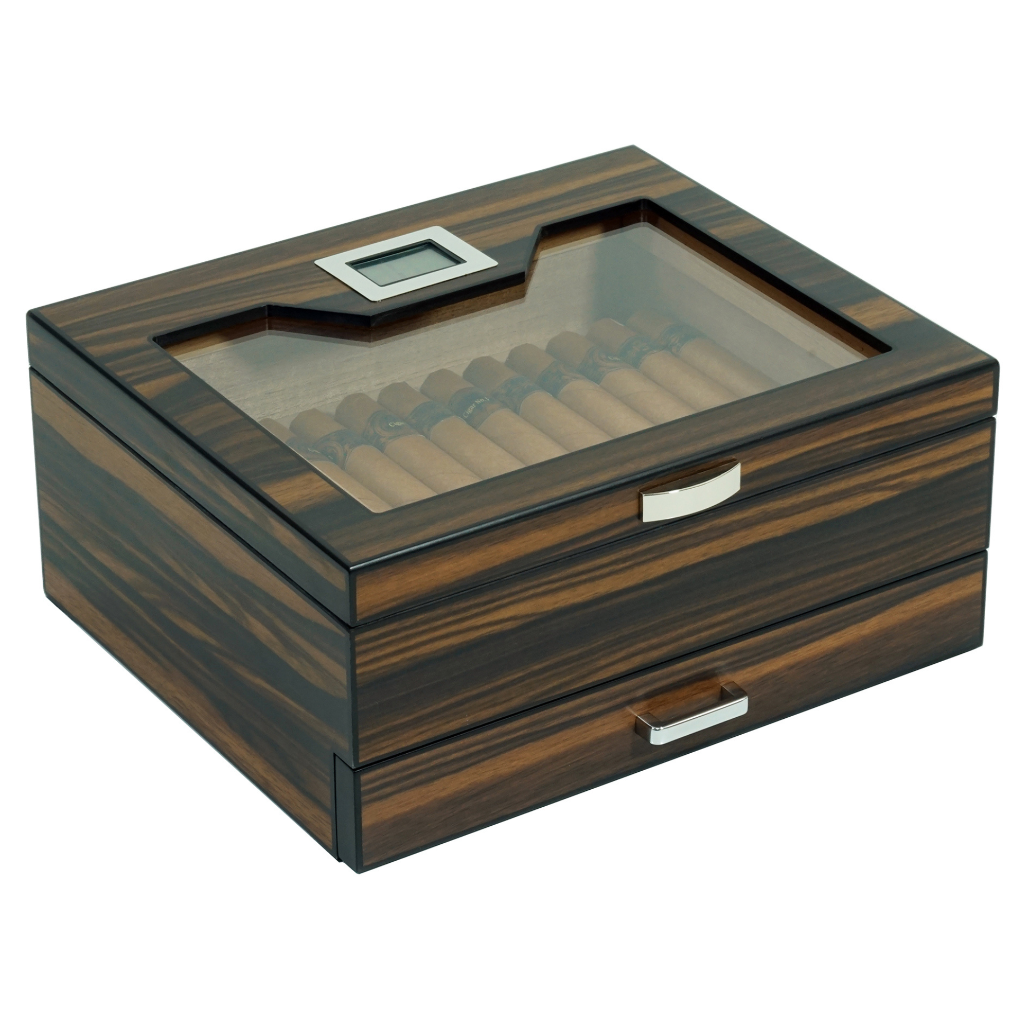 20 CT Ebony Wooden Cigar Humidor Box with Drawer for Cigars