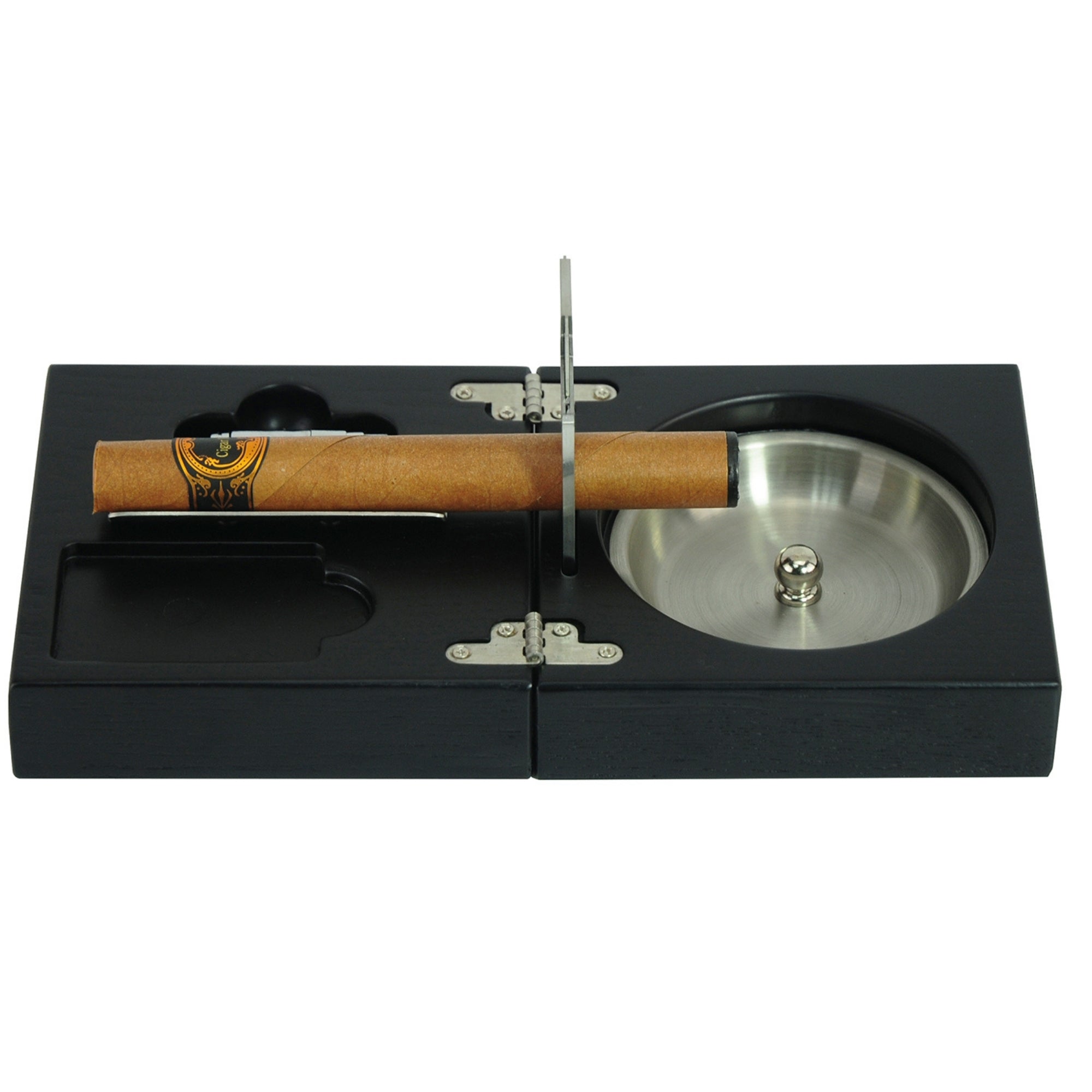 Oak Black Wooden Foldable Cigar Ashtray with Cigar Cutter