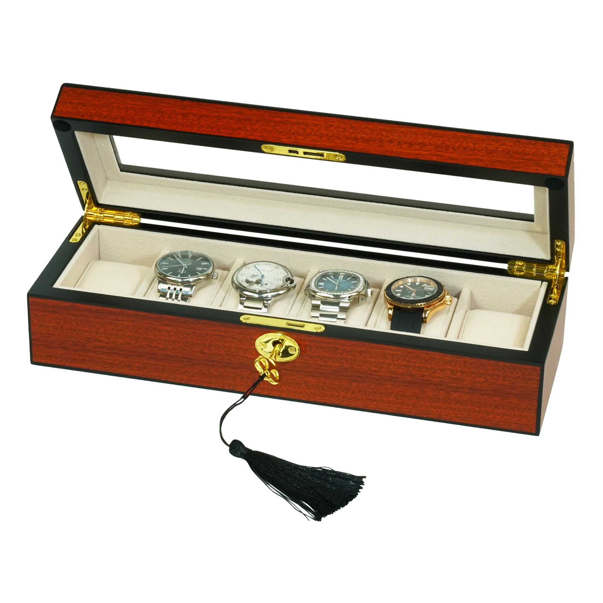 6 Slots Wooden Watch Box With Glass Window