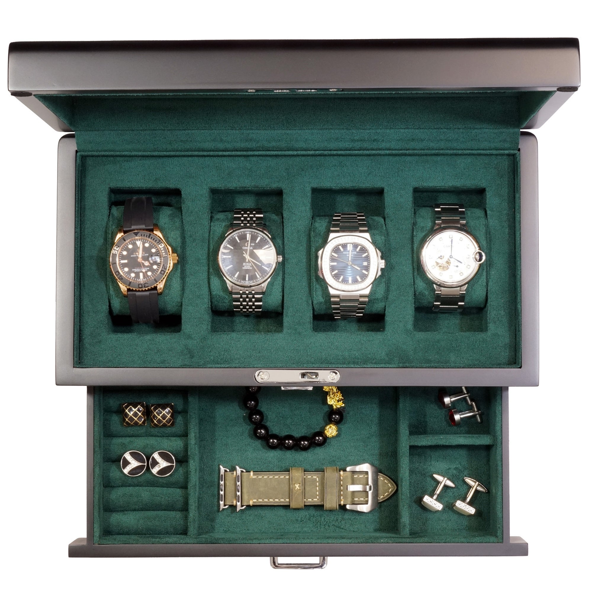 4 Slots Wooden Watch Box with Green Interior and Drawer