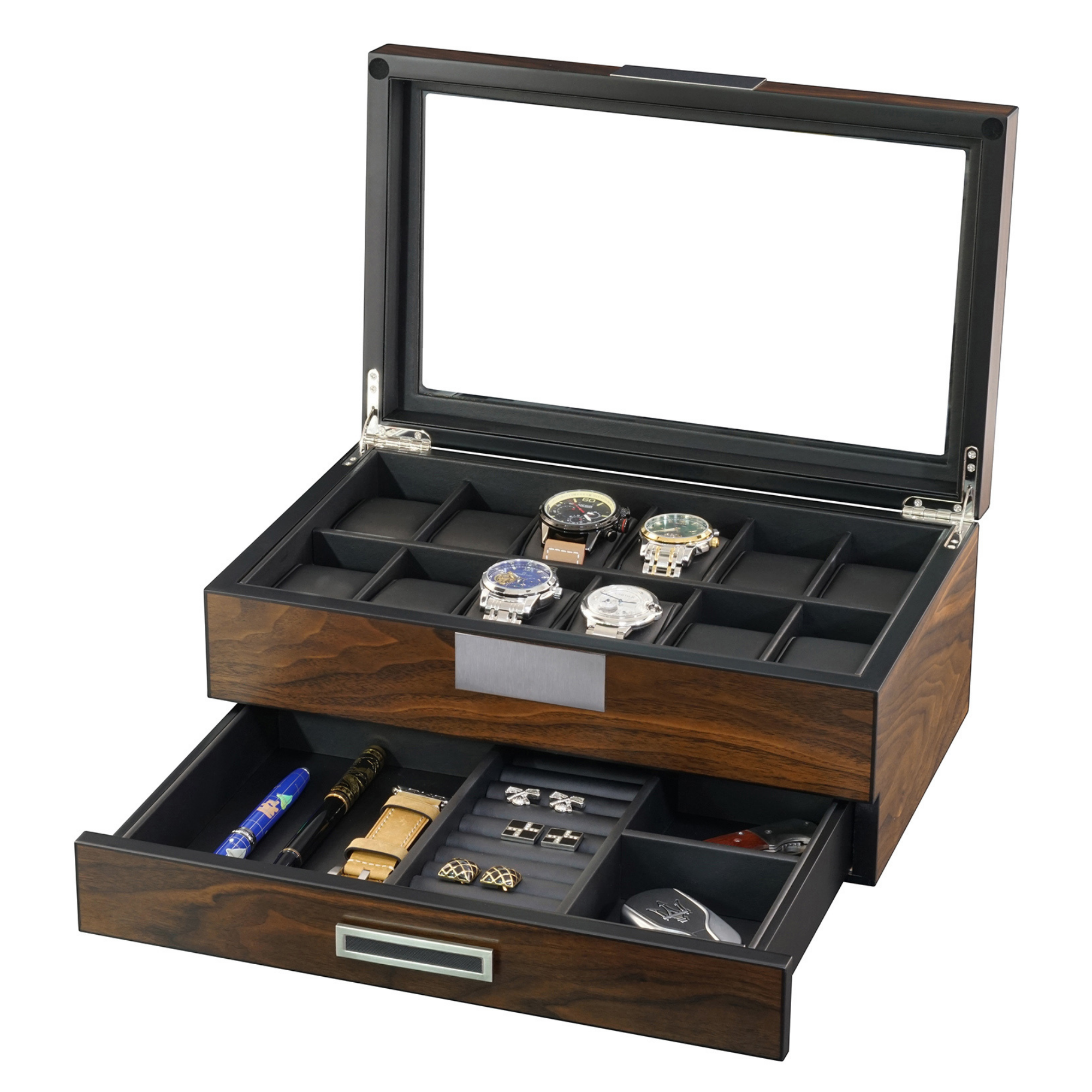 12 Slots Watch Box with Drawer in Ebony Wood