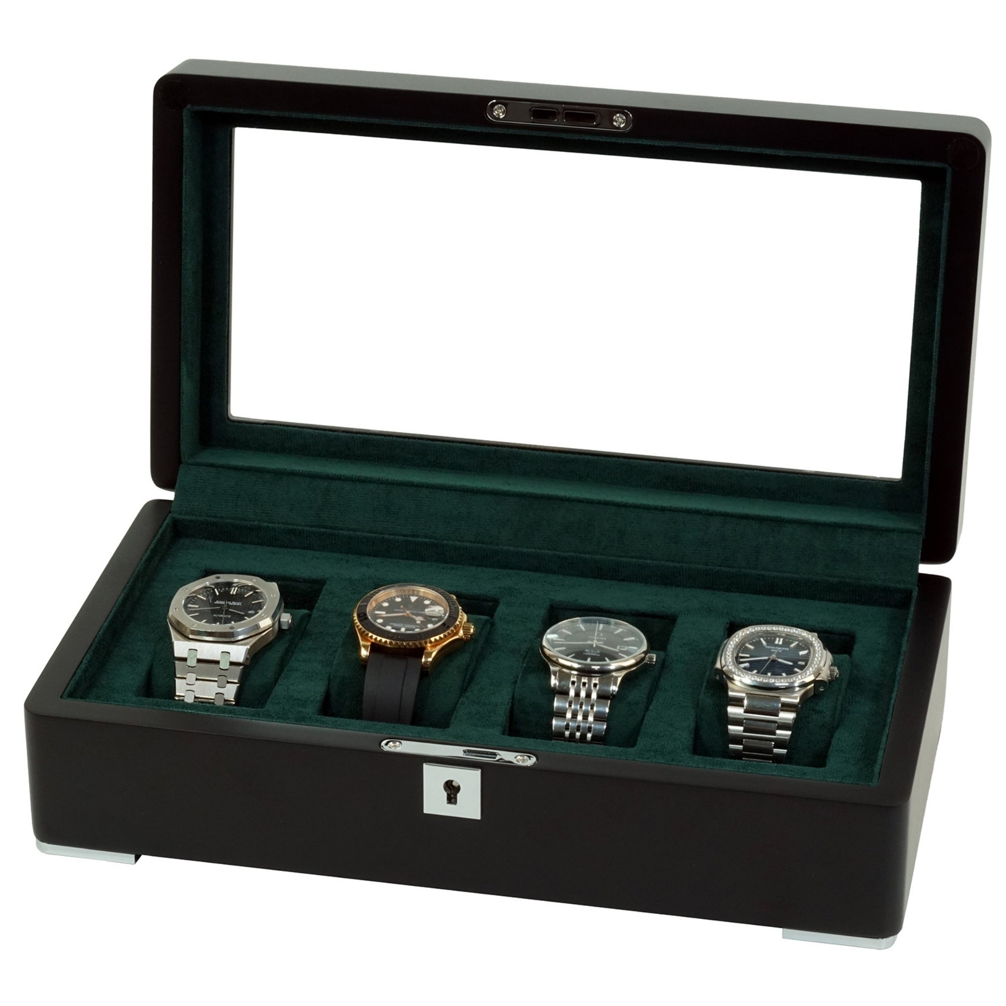 4 Slot Black Wooden Watch Box with Green Interior