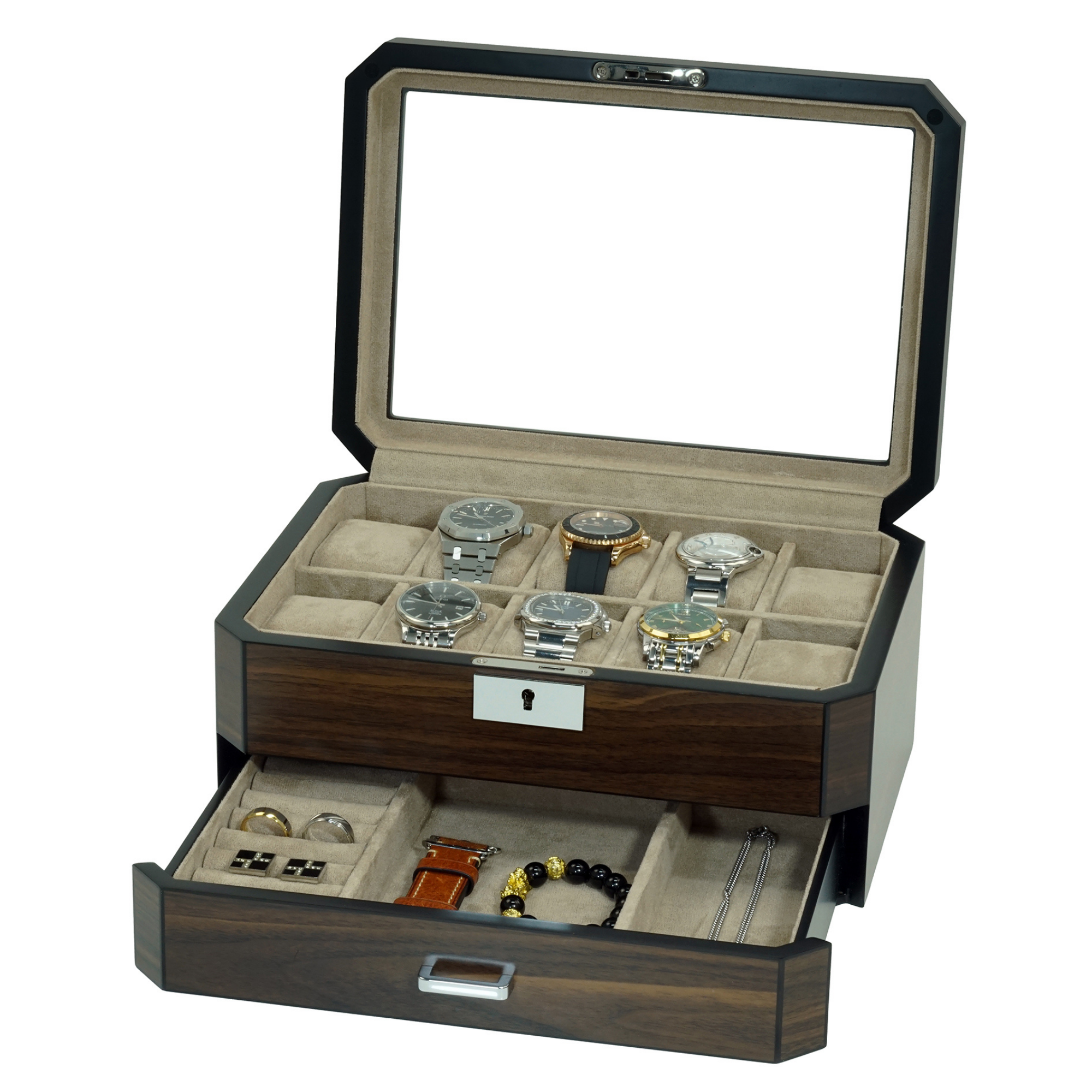 10 Slots Octagon Walnut Wooden Watch Box with Drawer